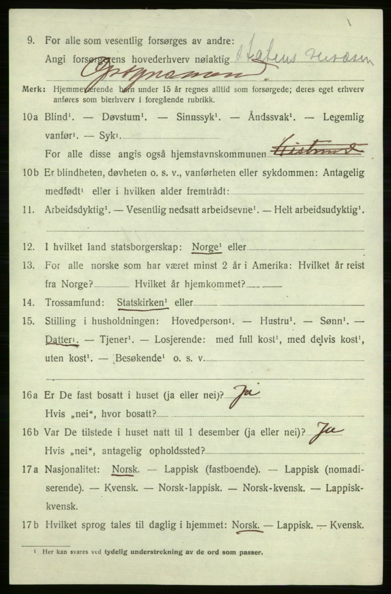 SATØ, 1920 census for Kistrand, 1920, p. 3085