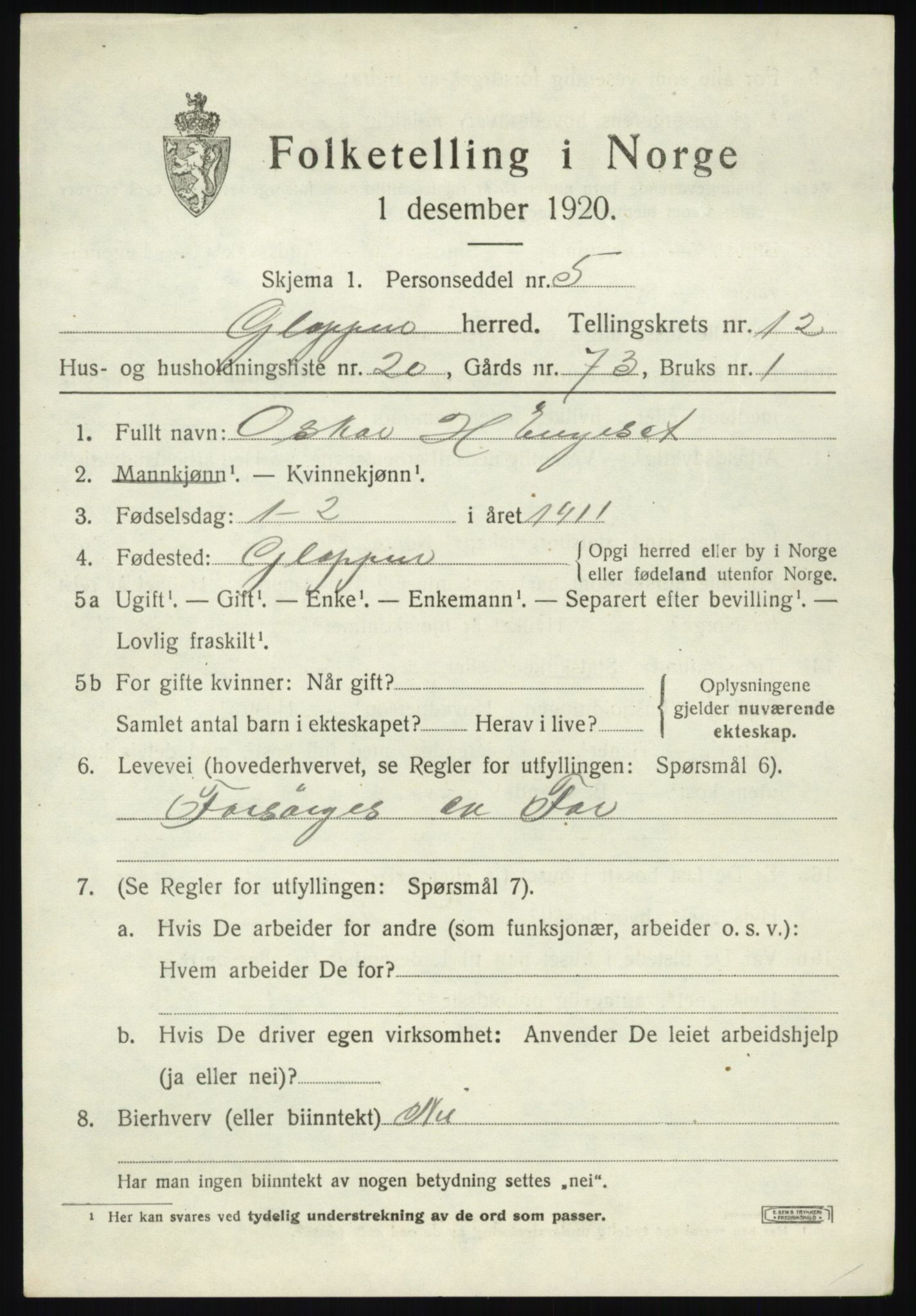 SAB, 1920 census for Gloppen, 1920, p. 6312