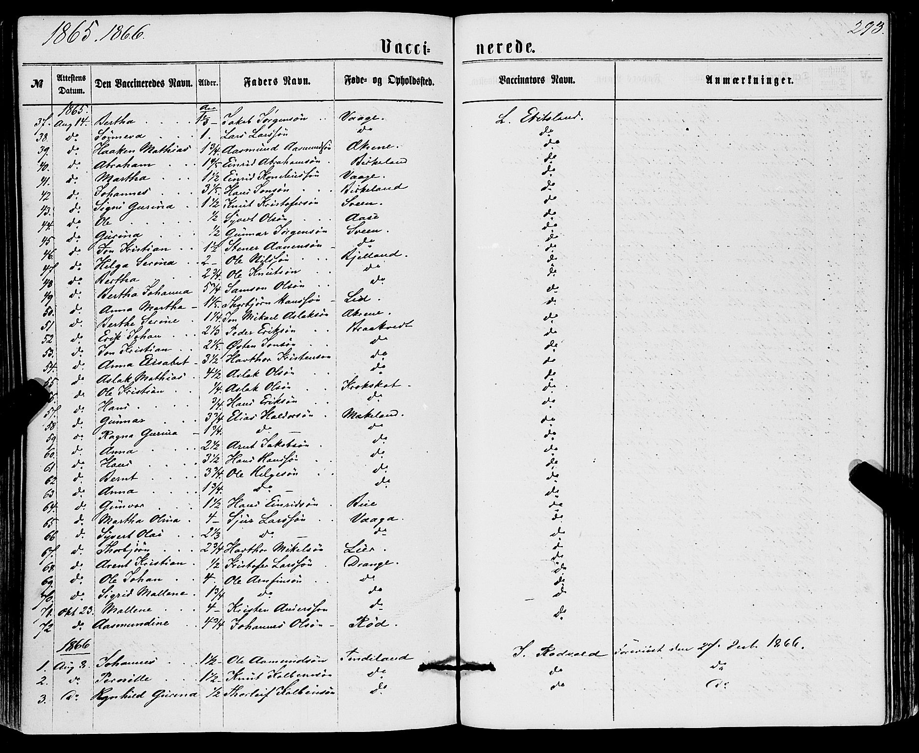 Sveio Sokneprestembete, SAB/A-78501/H/Haa: Parish register (official) no. A 1, 1861-1877, p. 293