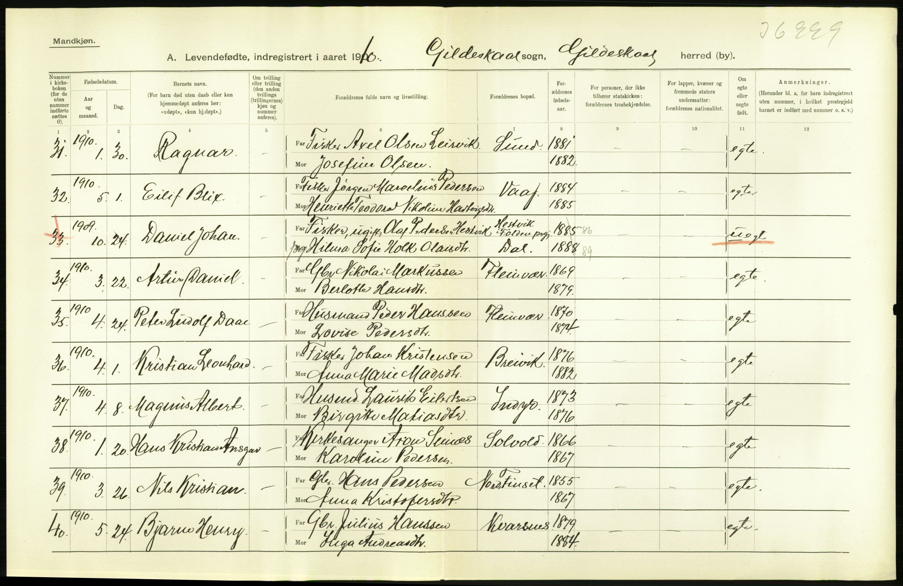 Statistisk sentralbyrå, Sosiodemografiske emner, Befolkning, AV/RA-S-2228/D/Df/Dfa/Dfah/L0040: Nordlands amt: Levendefødte menn og kvinner. Bygder., 1910, p. 6