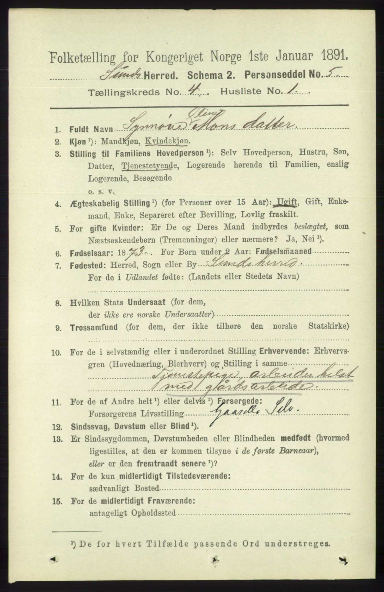 RA, 1891 census for 1245 Sund, 1891, p. 1855