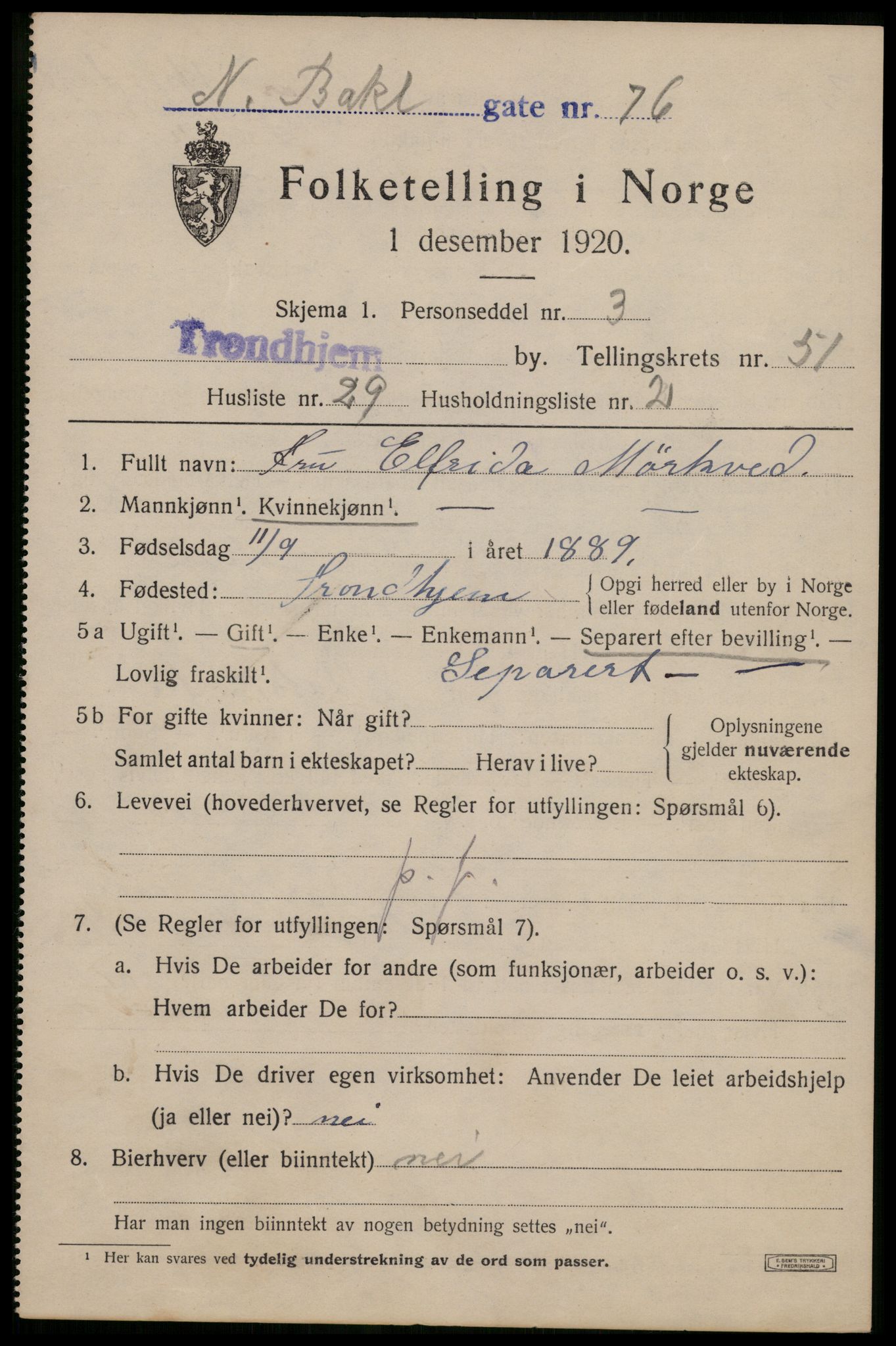 SAT, 1920 census for Trondheim, 1920, p. 105836