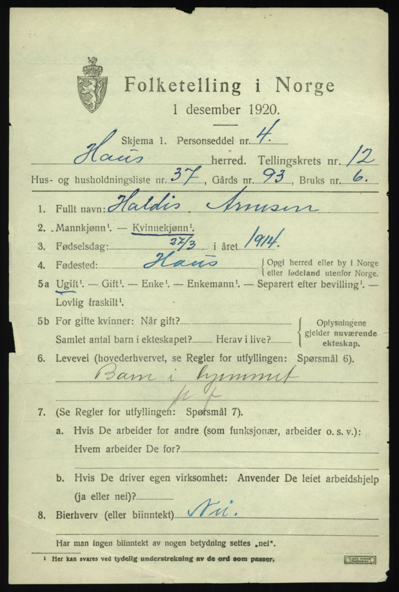 SAB, 1920 census for Haus, 1920, p. 7945