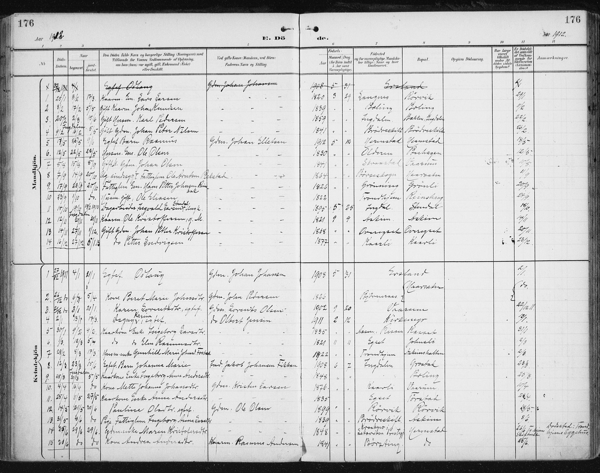 Ministerialprotokoller, klokkerbøker og fødselsregistre - Sør-Trøndelag, AV/SAT-A-1456/646/L0616: Parish register (official) no. 646A14, 1900-1918, p. 176