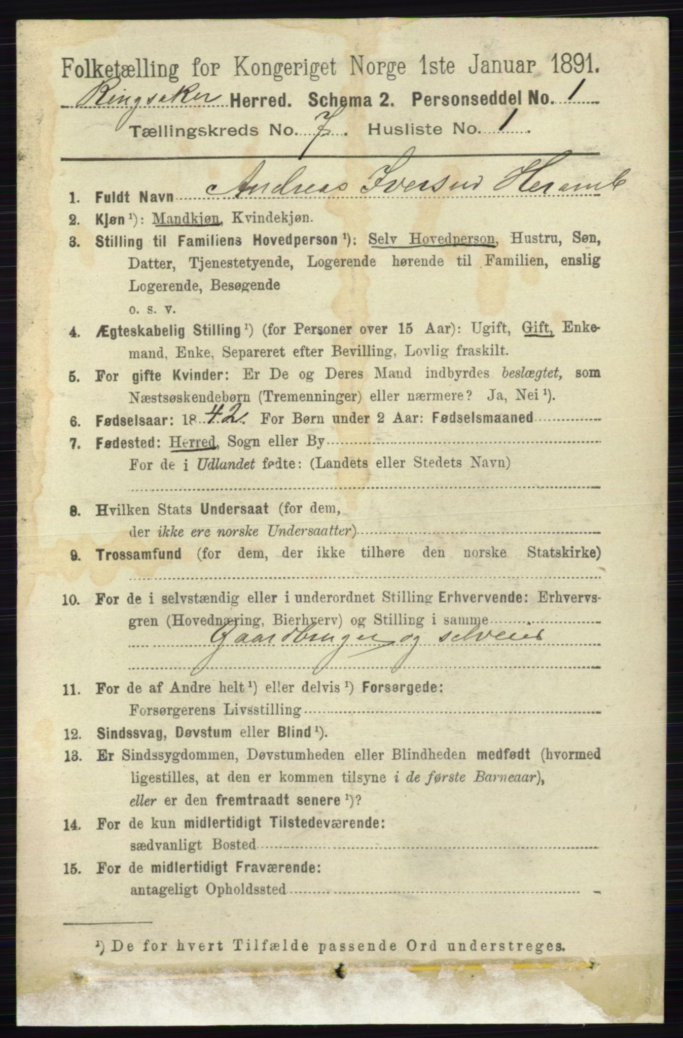 RA, 1891 census for 0412 Ringsaker, 1891, p. 3866