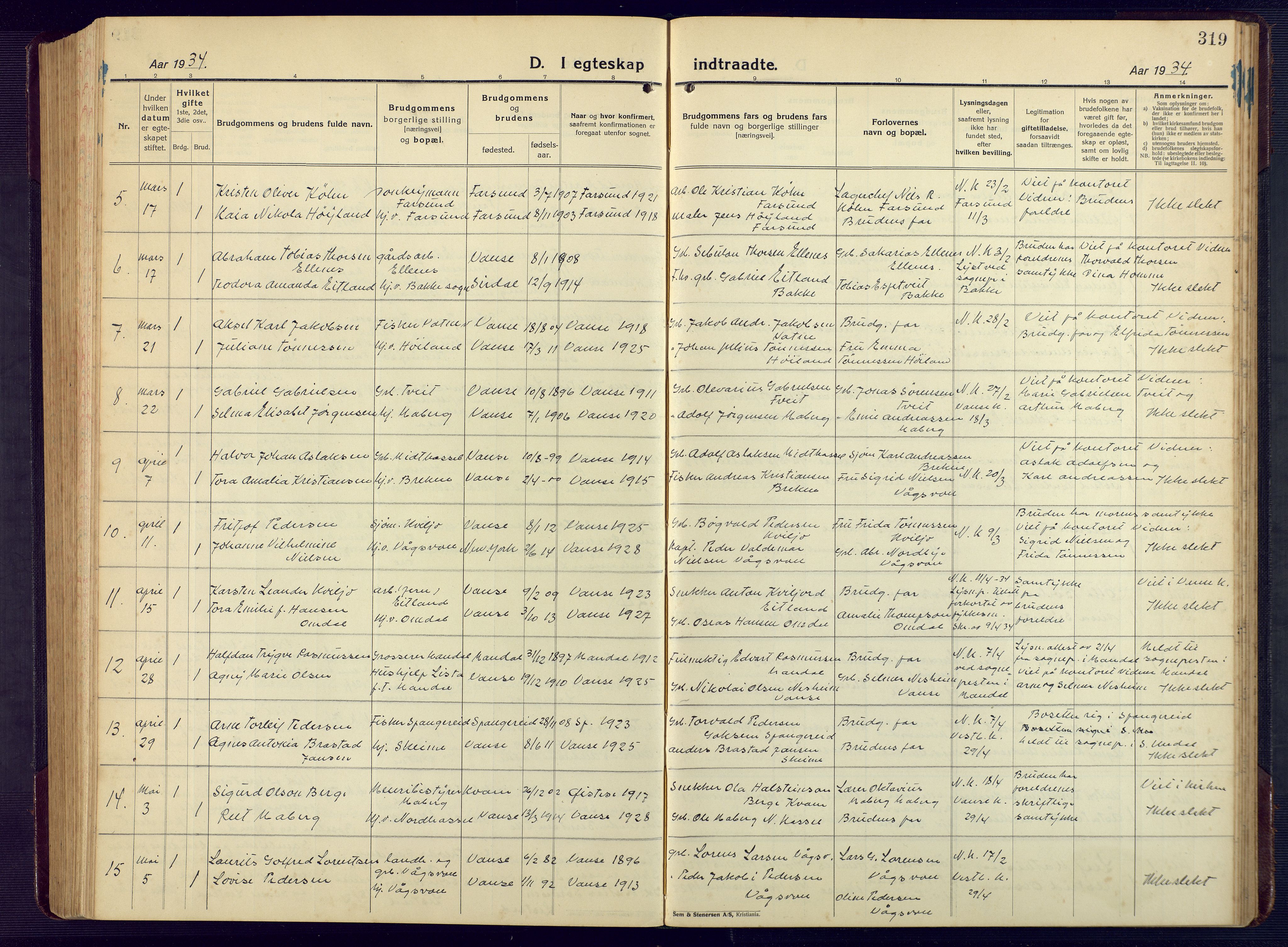 Lista sokneprestkontor, AV/SAK-1111-0027/F/Fb/L0006: Parish register (copy) no. B 6, 1924-1947, p. 319