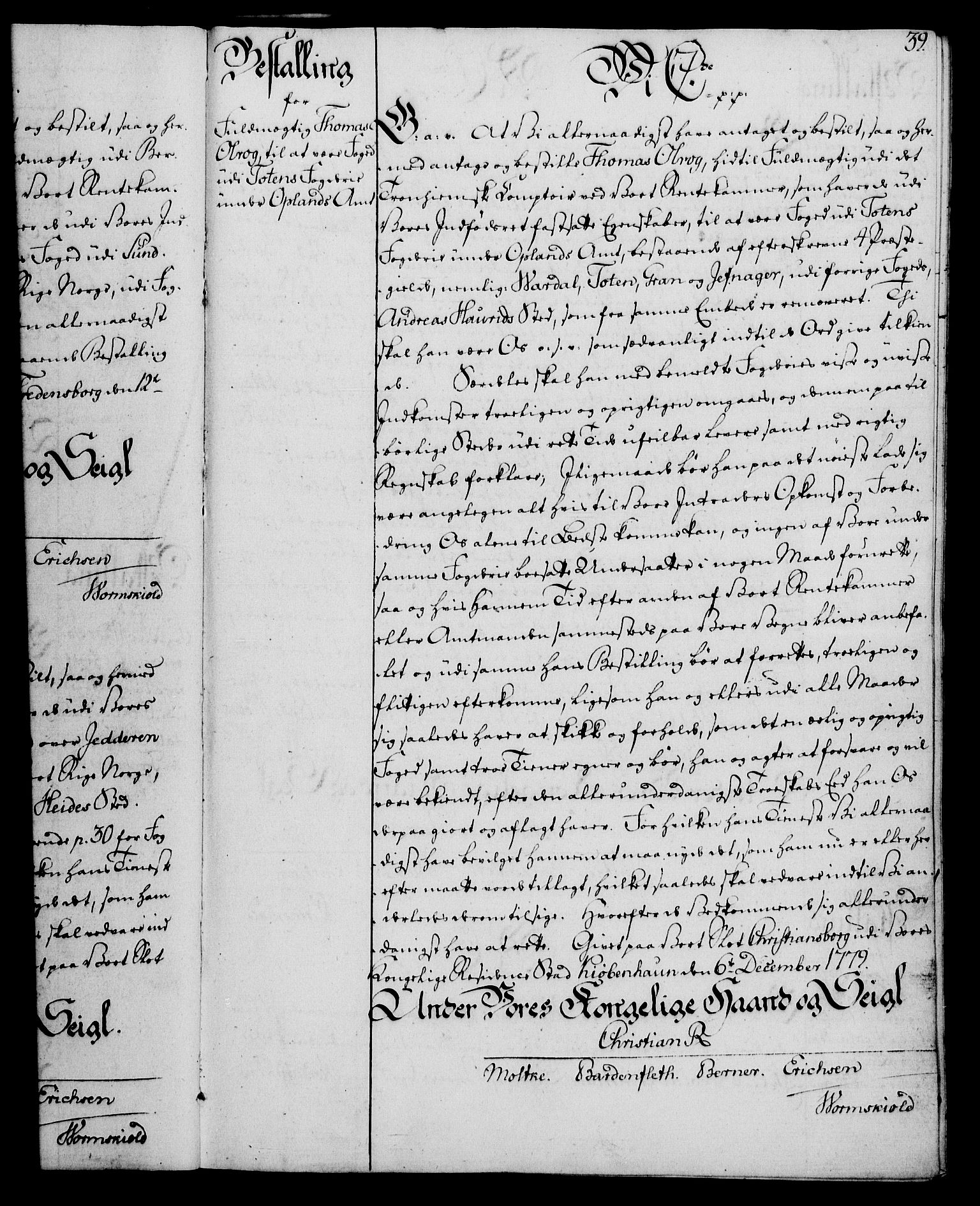 Rentekammeret, Kammerkanselliet, RA/EA-3111/G/Gg/Gge/L0006: Norsk bestallingsprotokoll med register (merket RK 53.30), 1773-1814, p. 39