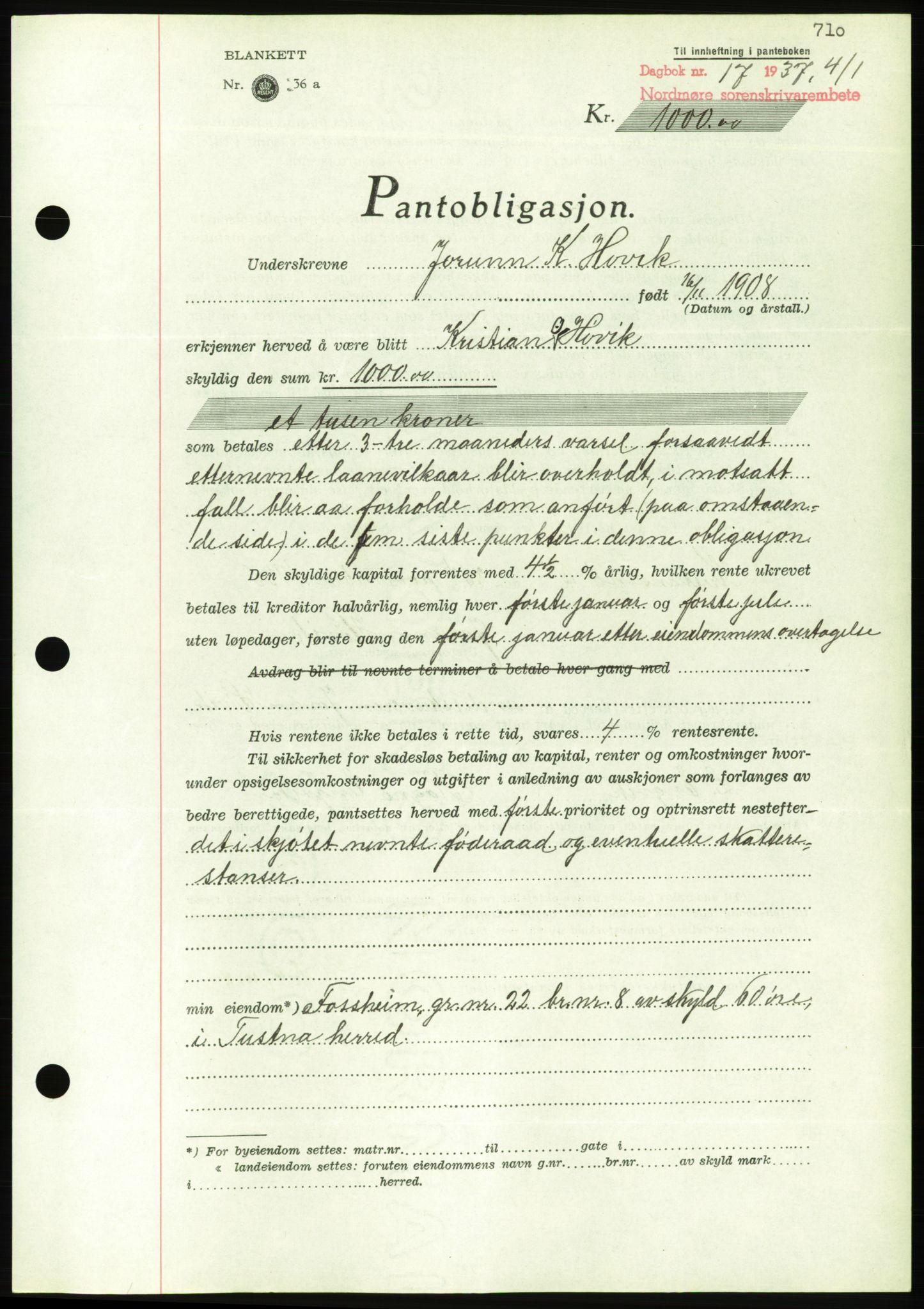 Nordmøre sorenskriveri, AV/SAT-A-4132/1/2/2Ca/L0090: Mortgage book no. B80, 1936-1937, Diary no: : 17/1937