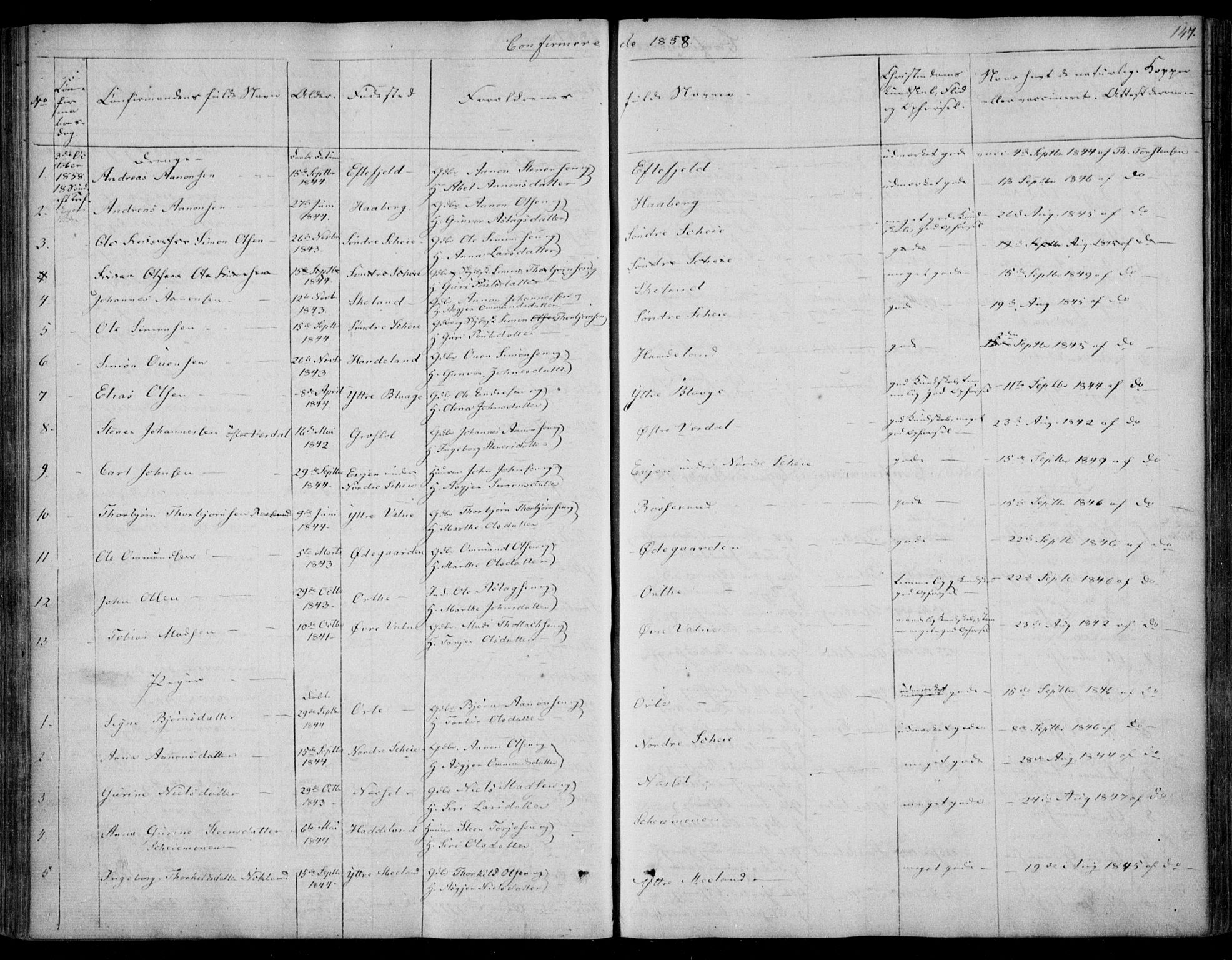 Hægebostad sokneprestkontor, SAK/1111-0024/F/Fa/Fab/L0002: Parish register (official) no. A 2, 1836-1872, p. 147