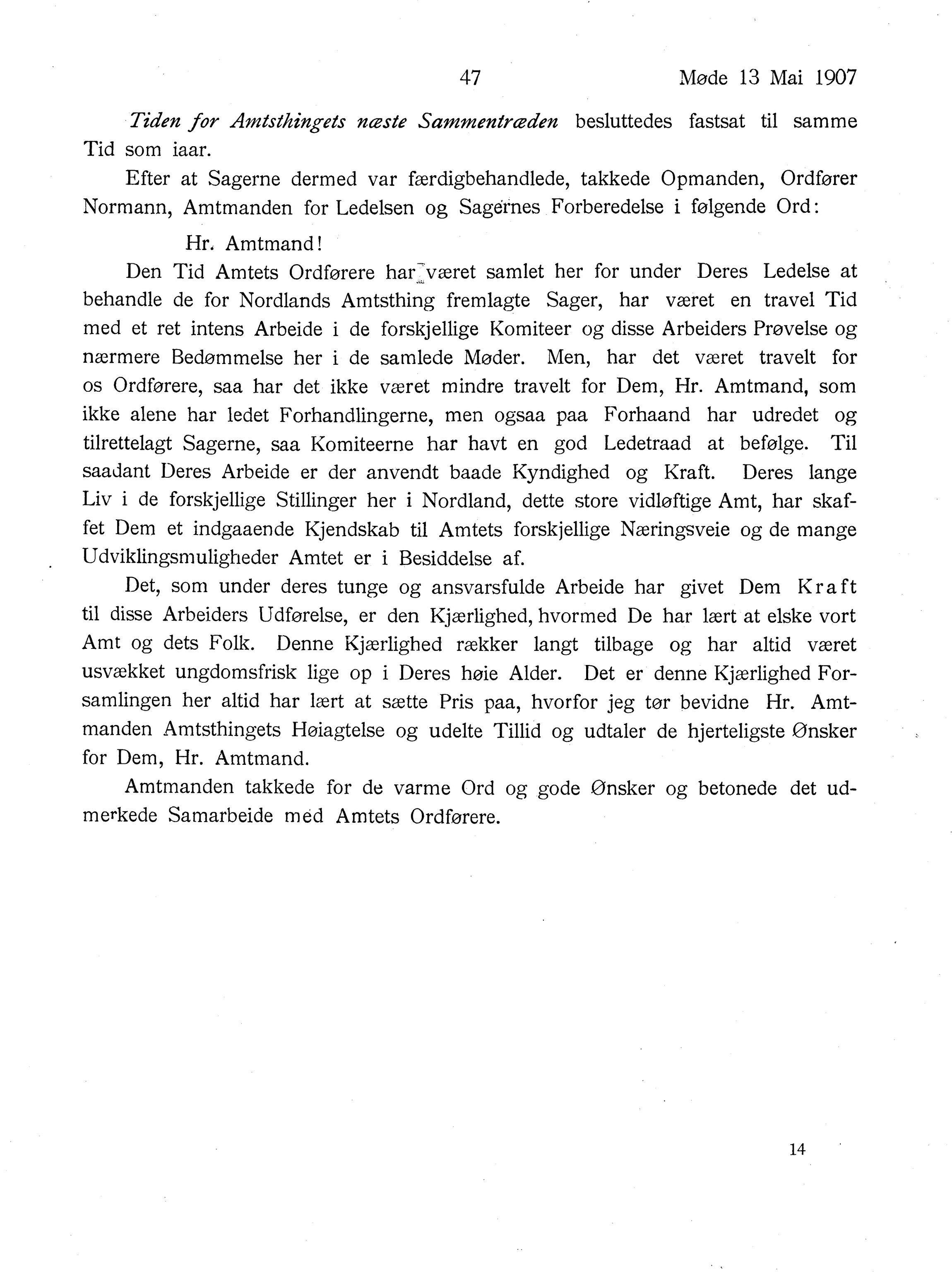 Nordland Fylkeskommune. Fylkestinget, AIN/NFK-17/176/A/Ac/L0030: Fylkestingsforhandlinger 1907, 1907