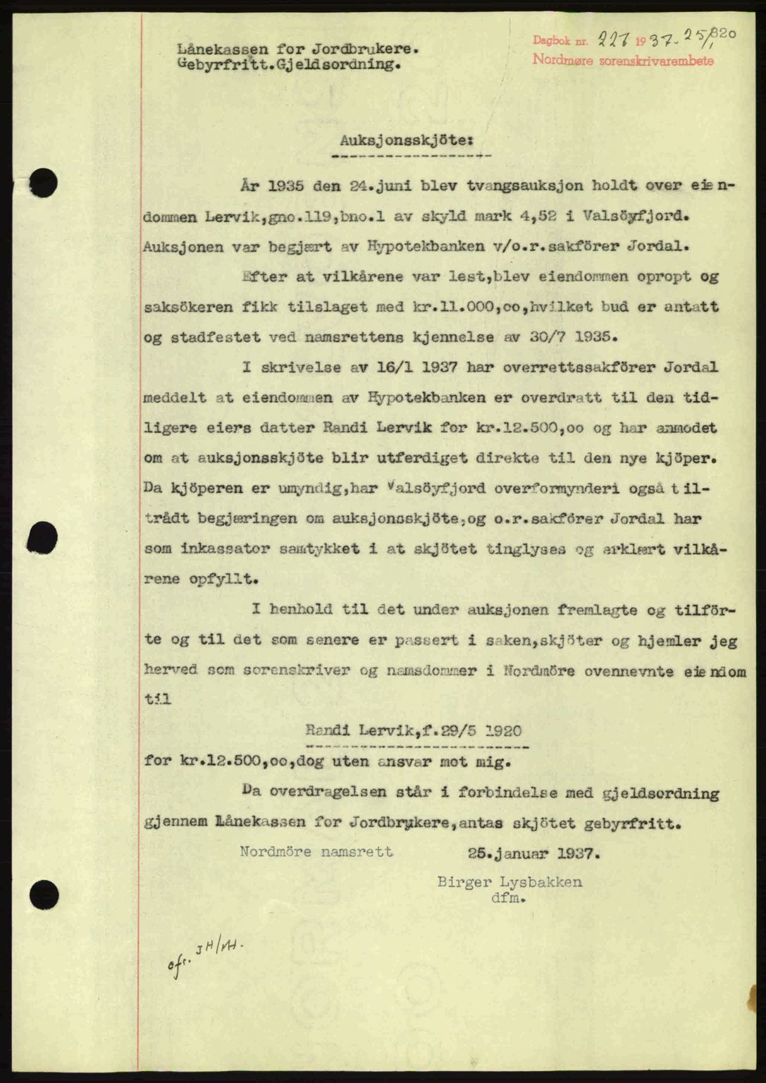 Nordmøre sorenskriveri, AV/SAT-A-4132/1/2/2Ca: Mortgage book no. A80, 1936-1937, Diary no: : 227/1937