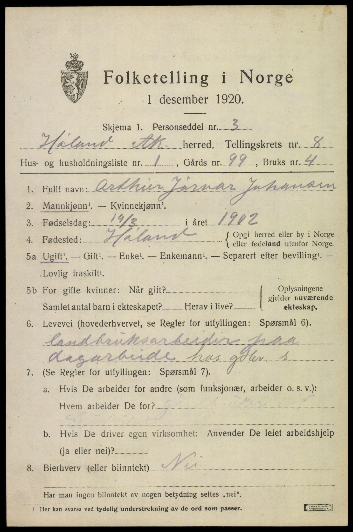 SAO, 1920 census for Høland, 1920, p. 9681