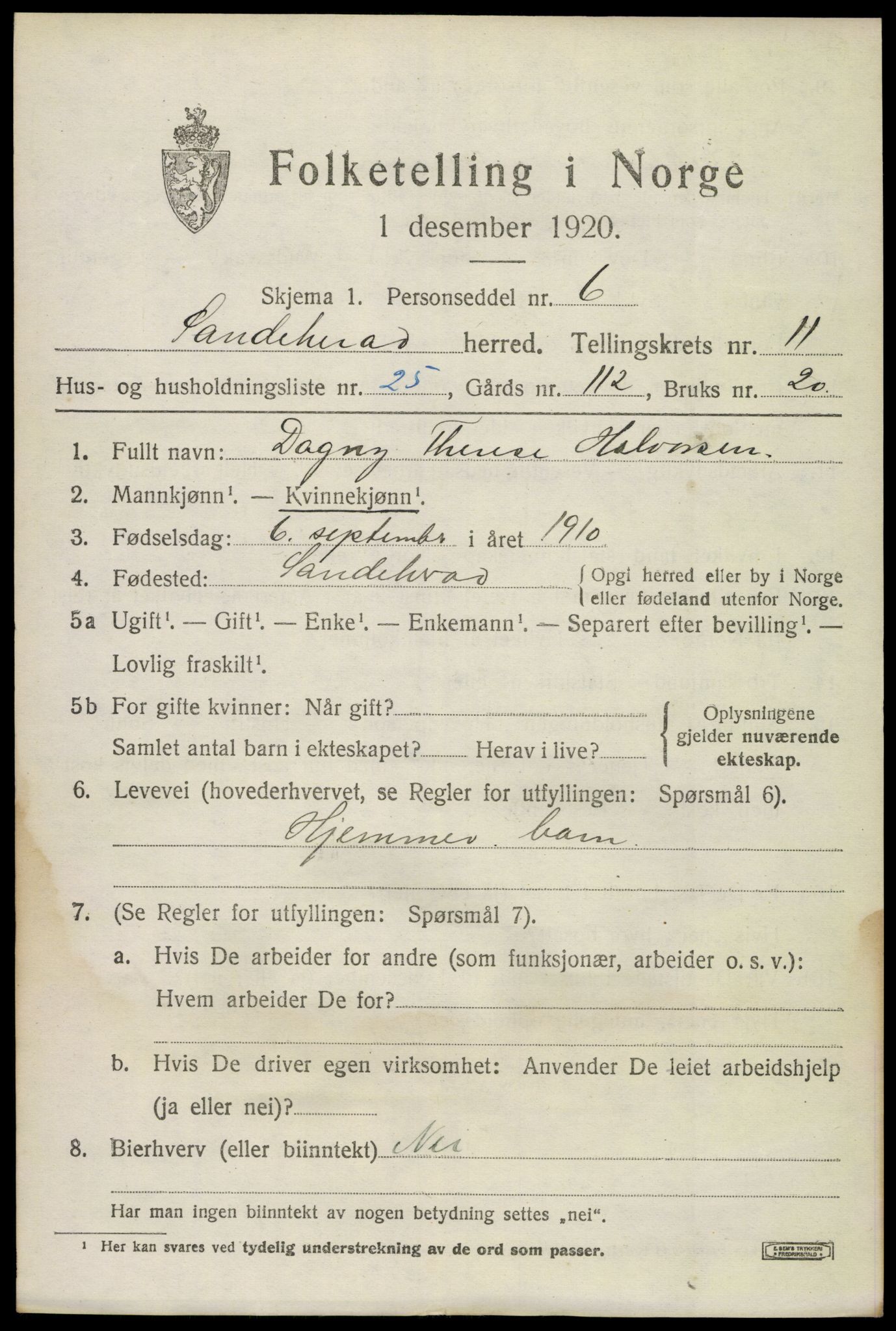 SAKO, 1920 census for Sandeherred, 1920, p. 15910