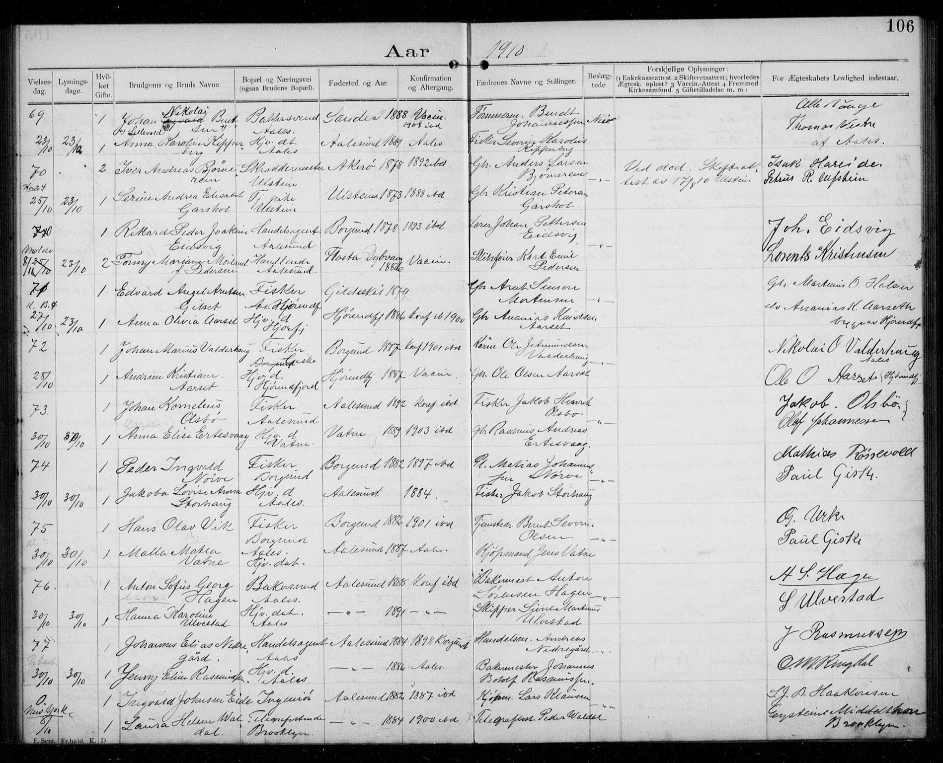 Ministerialprotokoller, klokkerbøker og fødselsregistre - Møre og Romsdal, AV/SAT-A-1454/529/L0458: Banns register no. 529A08, 1901-1918, p. 106