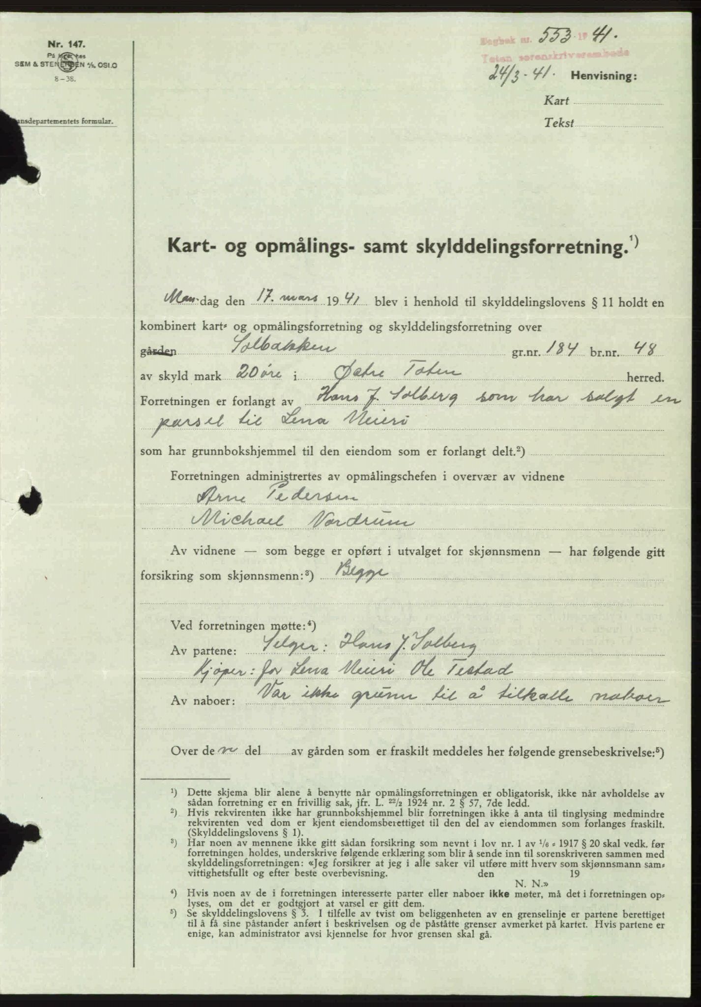 Toten tingrett, SAH/TING-006/H/Hb/Hbc/L0008: Mortgage book no. Hbc-08, 1941-1941, Diary no: : 553/1941