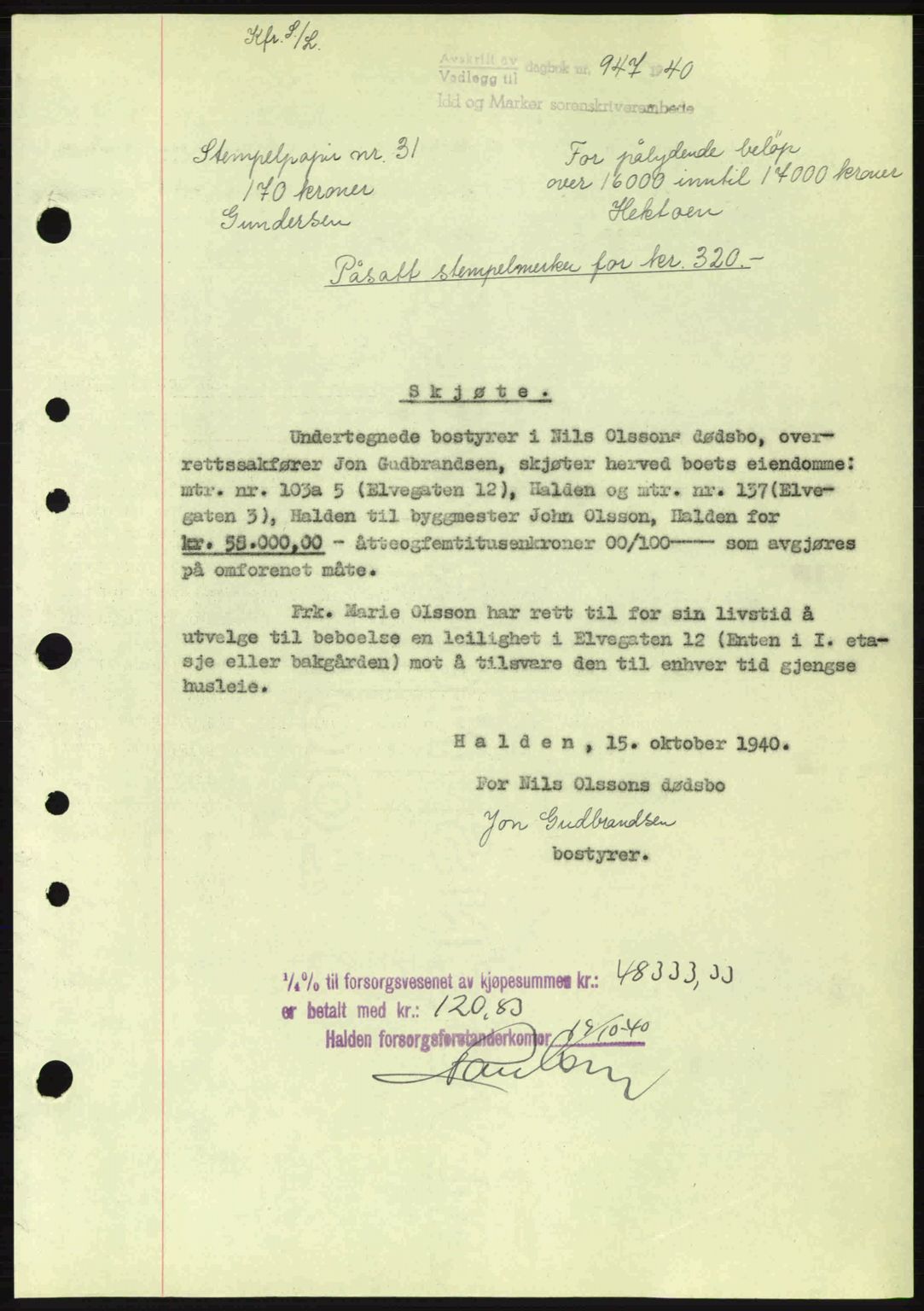 Idd og Marker sorenskriveri, AV/SAO-A-10283/G/Gb/Gbb/L0004: Mortgage book no. A4, 1940-1941, Diary no: : 947/1940