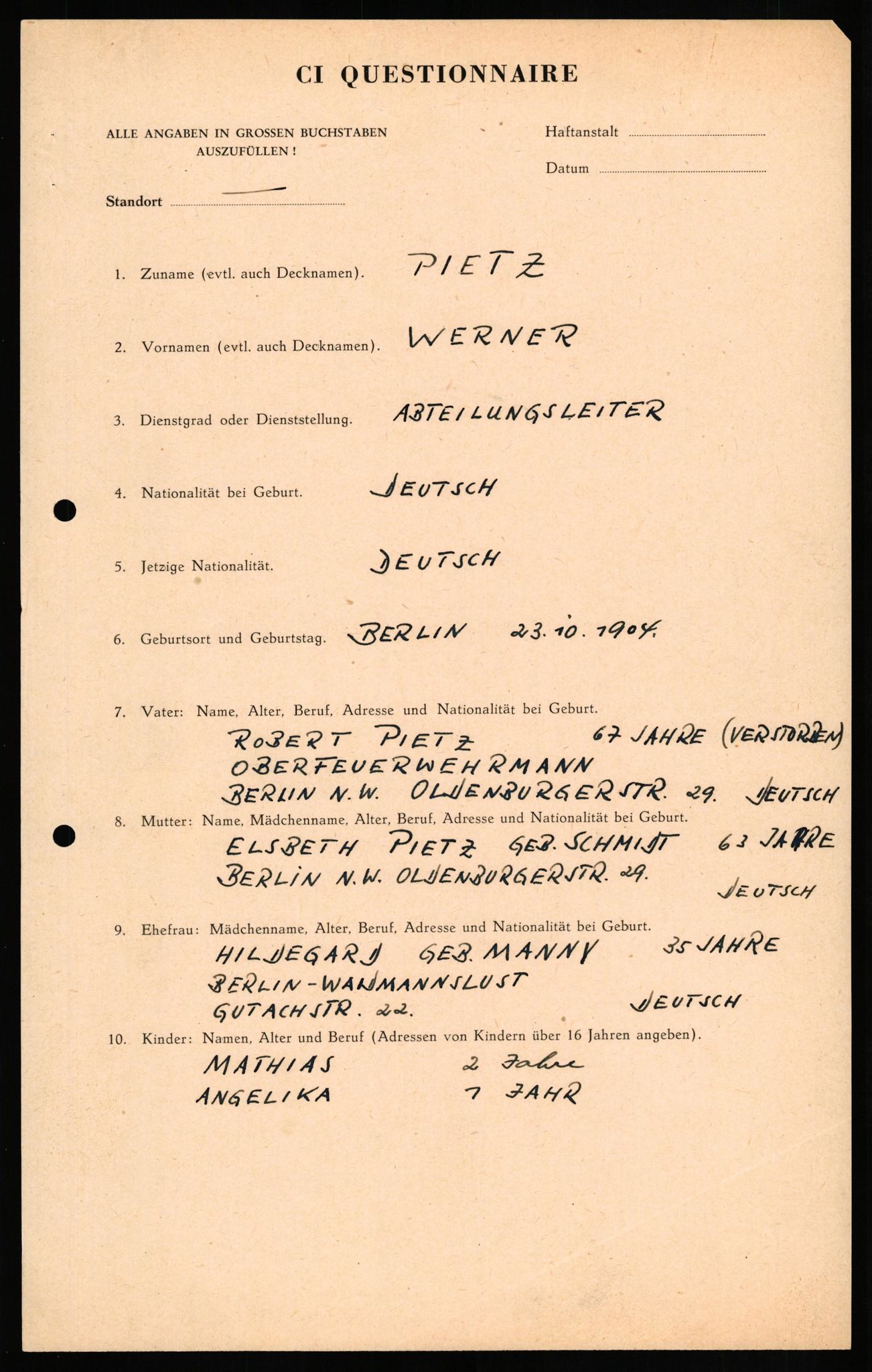 Forsvaret, Forsvarets overkommando II, AV/RA-RAFA-3915/D/Db/L0026: CI Questionaires. Tyske okkupasjonsstyrker i Norge. Tyskere., 1945-1946, p. 160