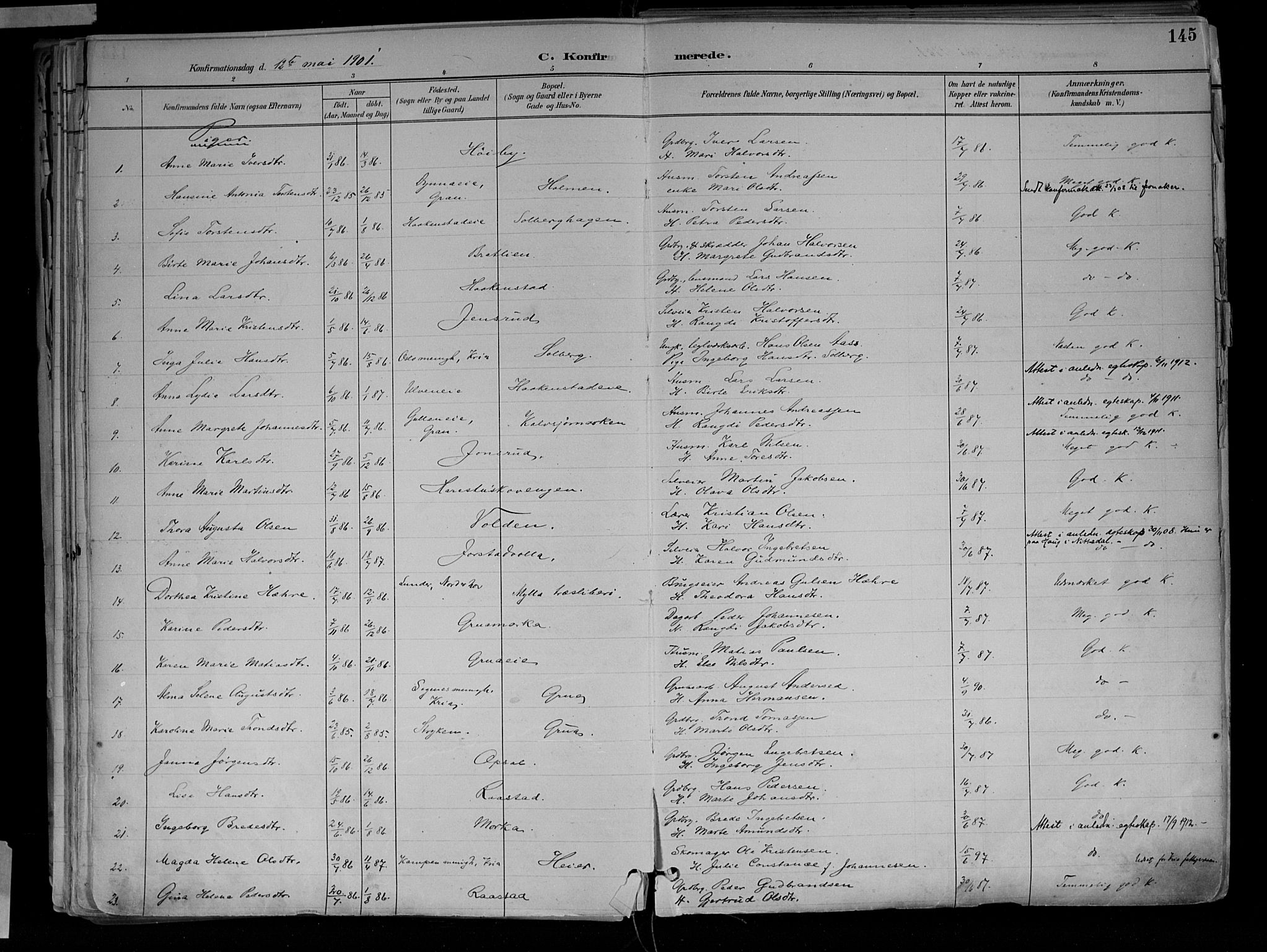 Jevnaker prestekontor, SAH/PREST-116/H/Ha/Haa/L0010: Parish register (official) no. 10, 1891-1906, p. 145