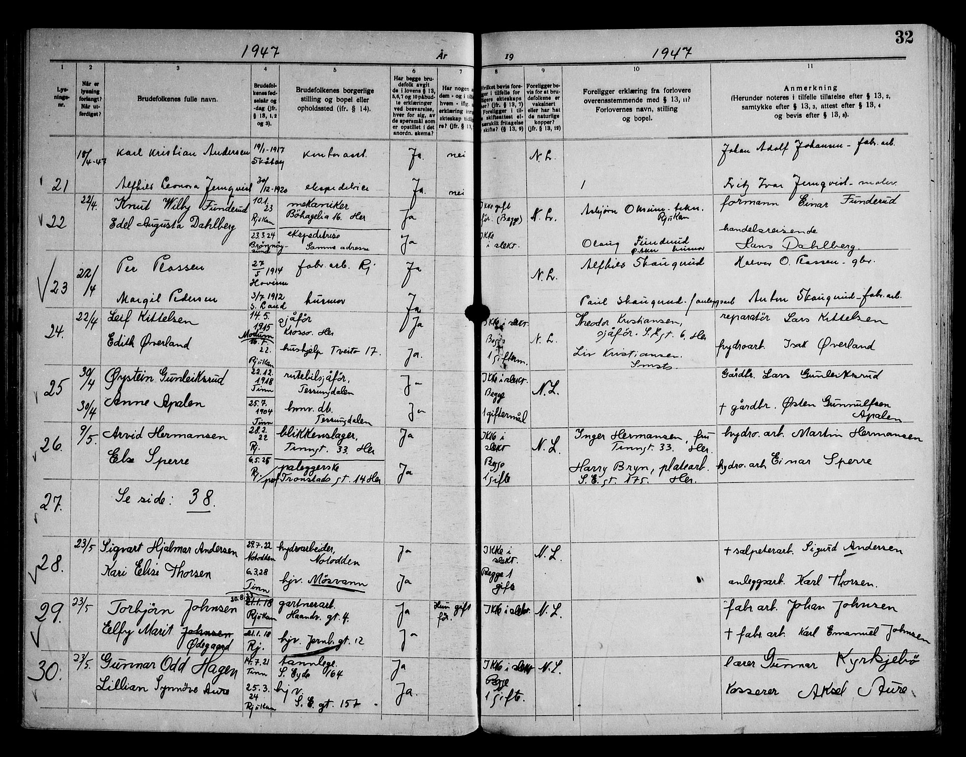 Rjukan kirkebøker, AV/SAKO-A-294/H/Ha/L0001: Banns register no. 1, 1939-1959, p. 32