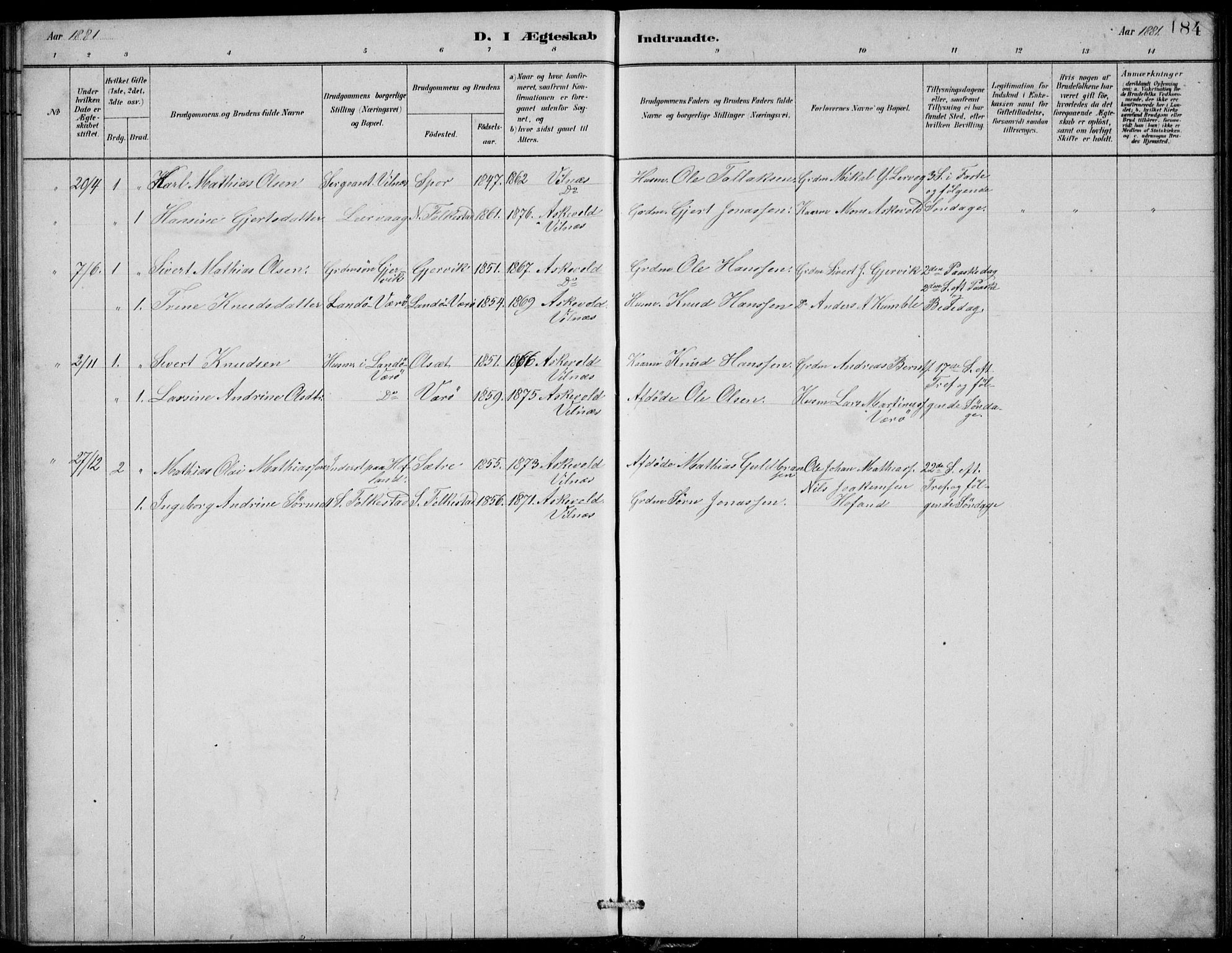 Askvoll sokneprestembete, SAB/A-79501/H/Hab/Habb/L0001: Parish register (copy) no. B 1, 1879-1909, p. 184