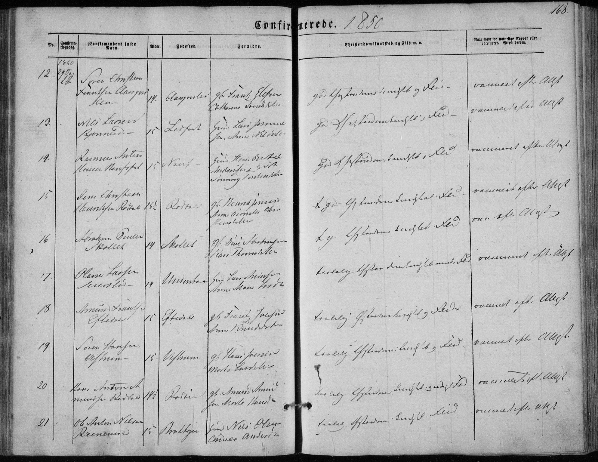 Hedrum kirkebøker, AV/SAKO-A-344/F/Fa/L0006: Parish register (official) no. I 6, 1849-1857, p. 168