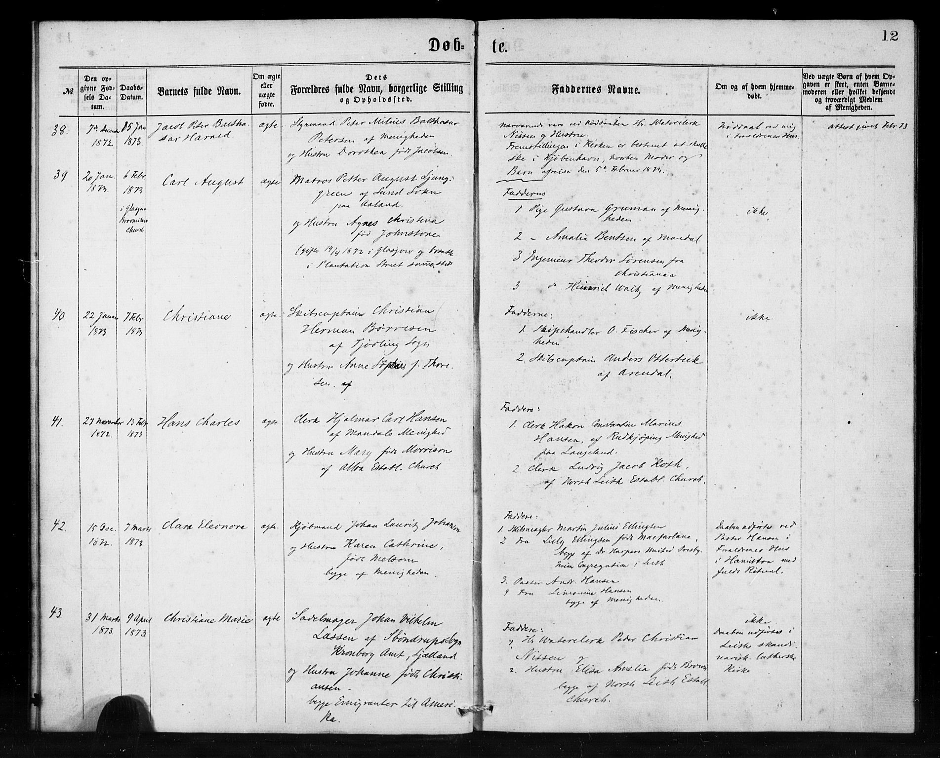 Den norske sjømannsmisjon i utlandet/Skotske havner (Leith, Glasgow), SAB/SAB/PA-0100/H/Ha/Haa/L0001: Parish register (official) no. A 1, 1865-1880, p. 12