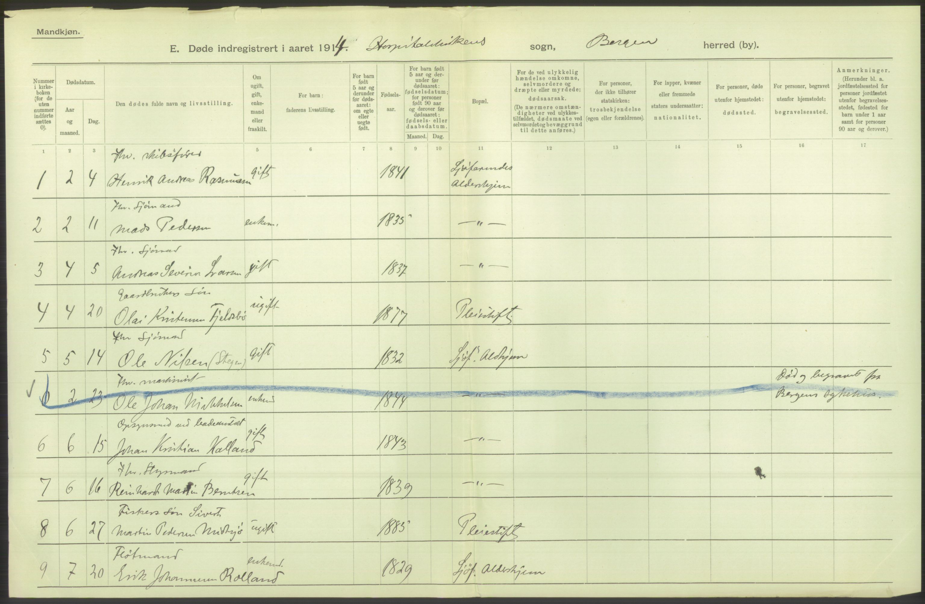 Statistisk sentralbyrå, Sosiodemografiske emner, Befolkning, AV/RA-S-2228/D/Df/Dfb/Dfbd/L0031: Bergen: Gifte, døde, dødfødte., 1914, p. 4