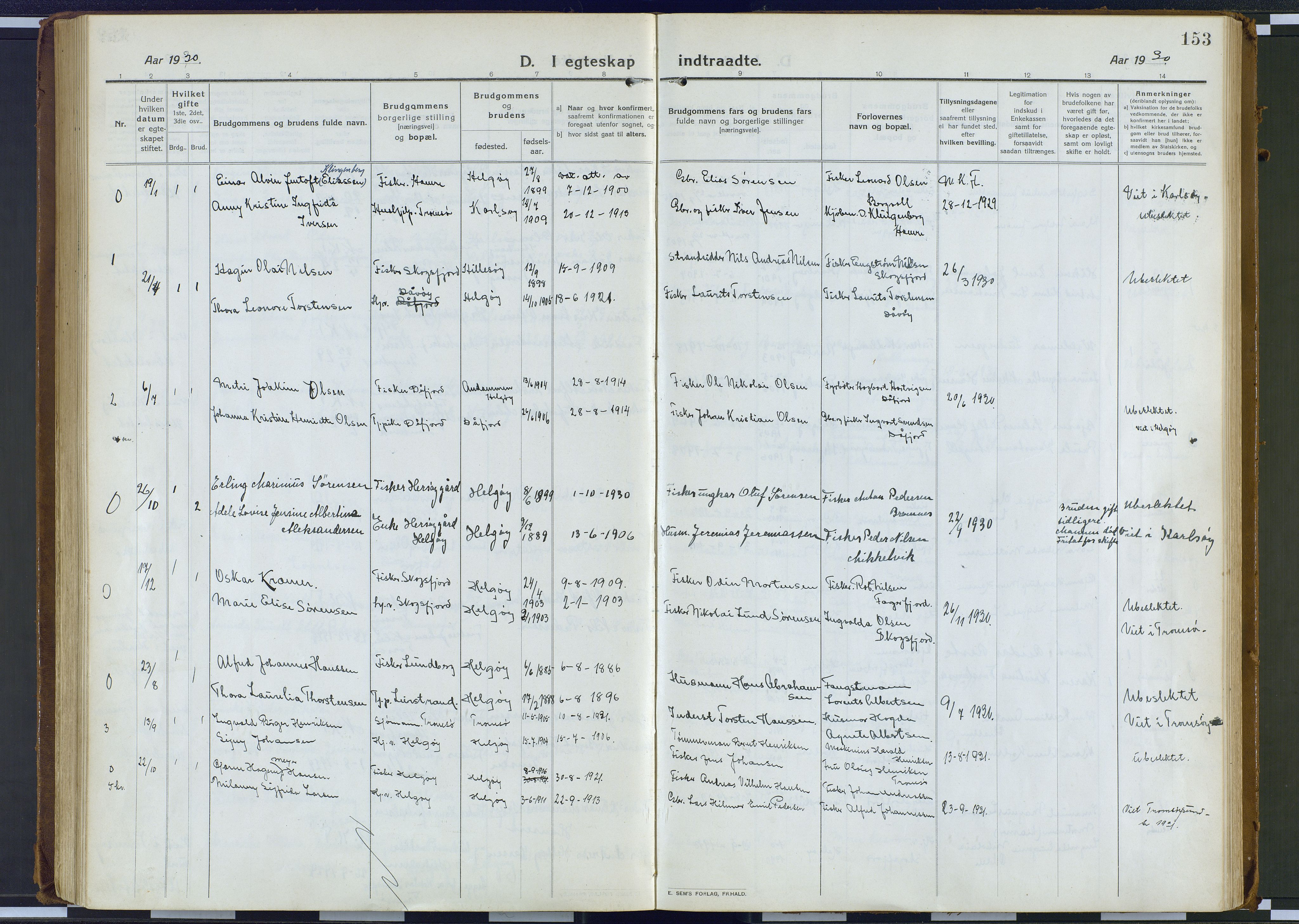 Karlsøy sokneprestembete, AV/SATØ-S-1299/H/Ha/Haa/L0016kirke: Parish register (official) no. 16, 1916-1934, p. 153