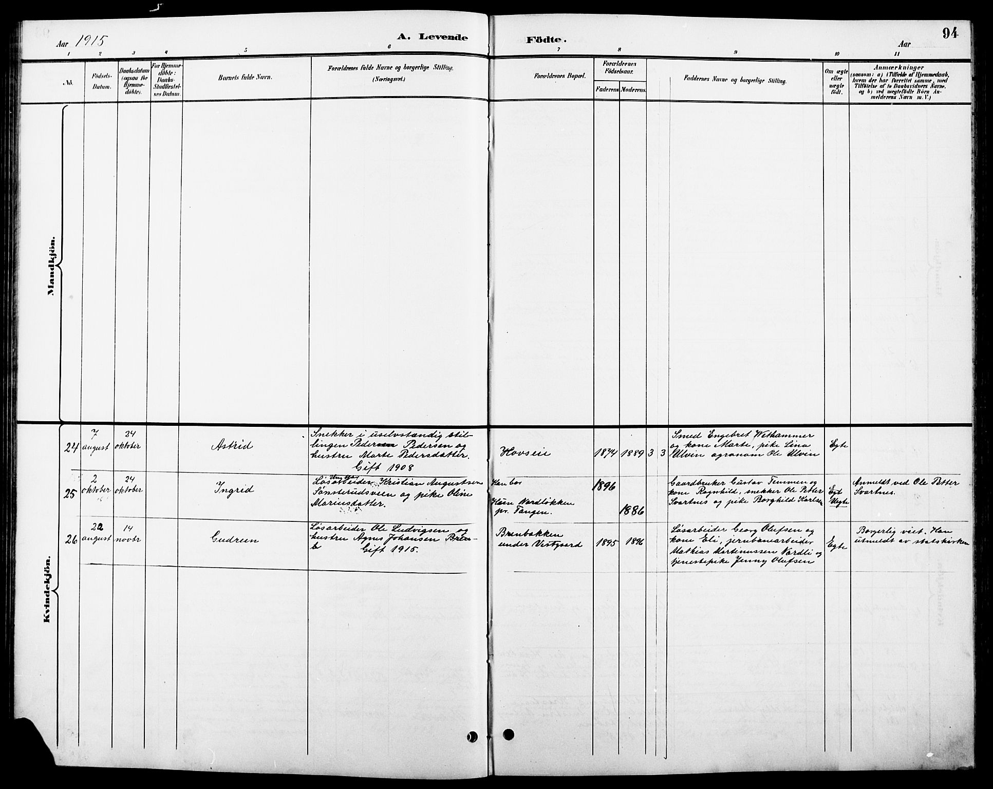 Stange prestekontor, SAH/PREST-002/L/L0011: Parish register (copy) no. 11, 1895-1917, p. 94