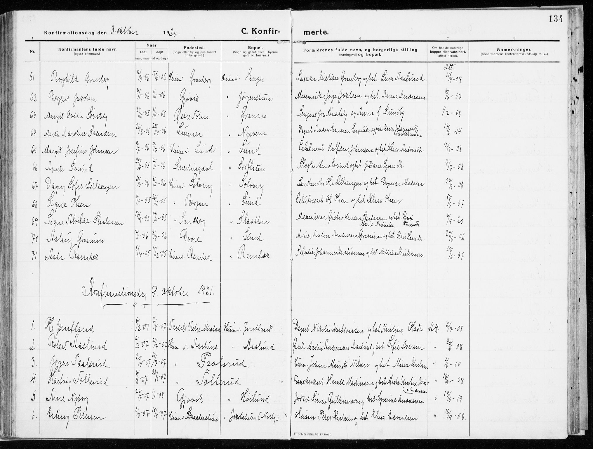 Vardal prestekontor, SAH/PREST-100/H/Ha/Haa/L0017: Parish register (official) no. 17, 1915-1929, p. 134