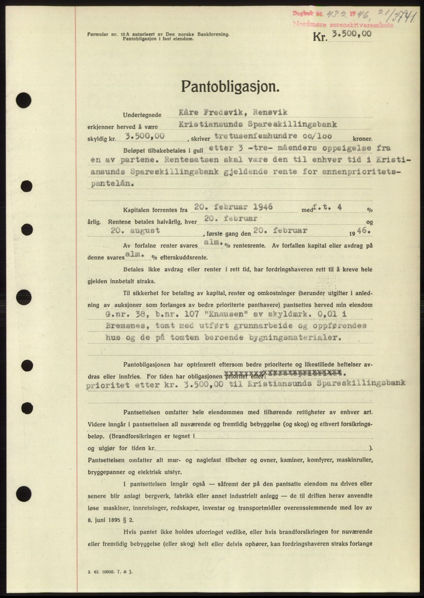 Nordmøre sorenskriveri, AV/SAT-A-4132/1/2/2Ca: Mortgage book no. B93b, 1946-1946, Diary no: : 432/1946