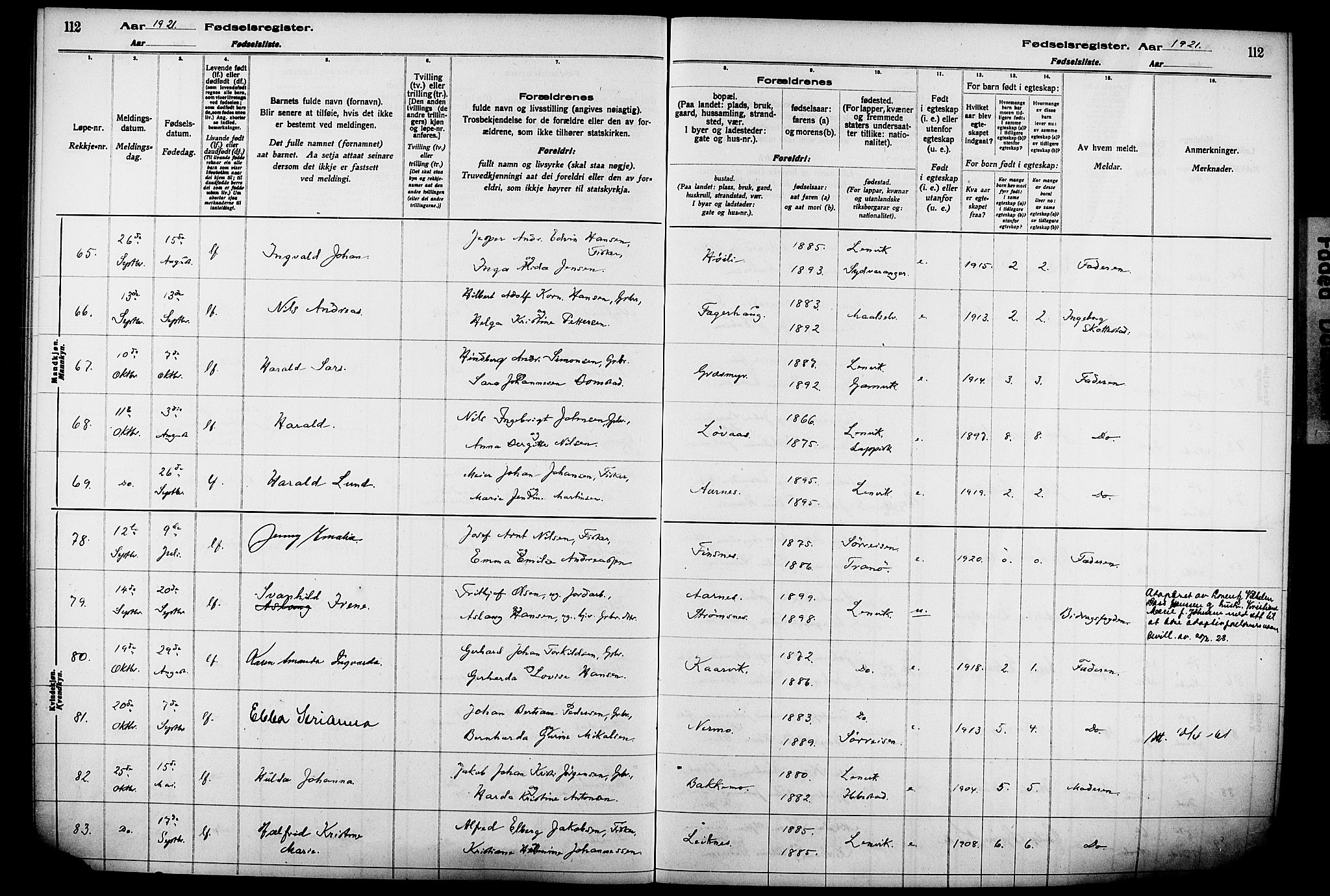 Lenvik sokneprestembete, SATØ/S-1310/I/Ic/L0089: Birth register no. 89, 1916-1926, p. 112