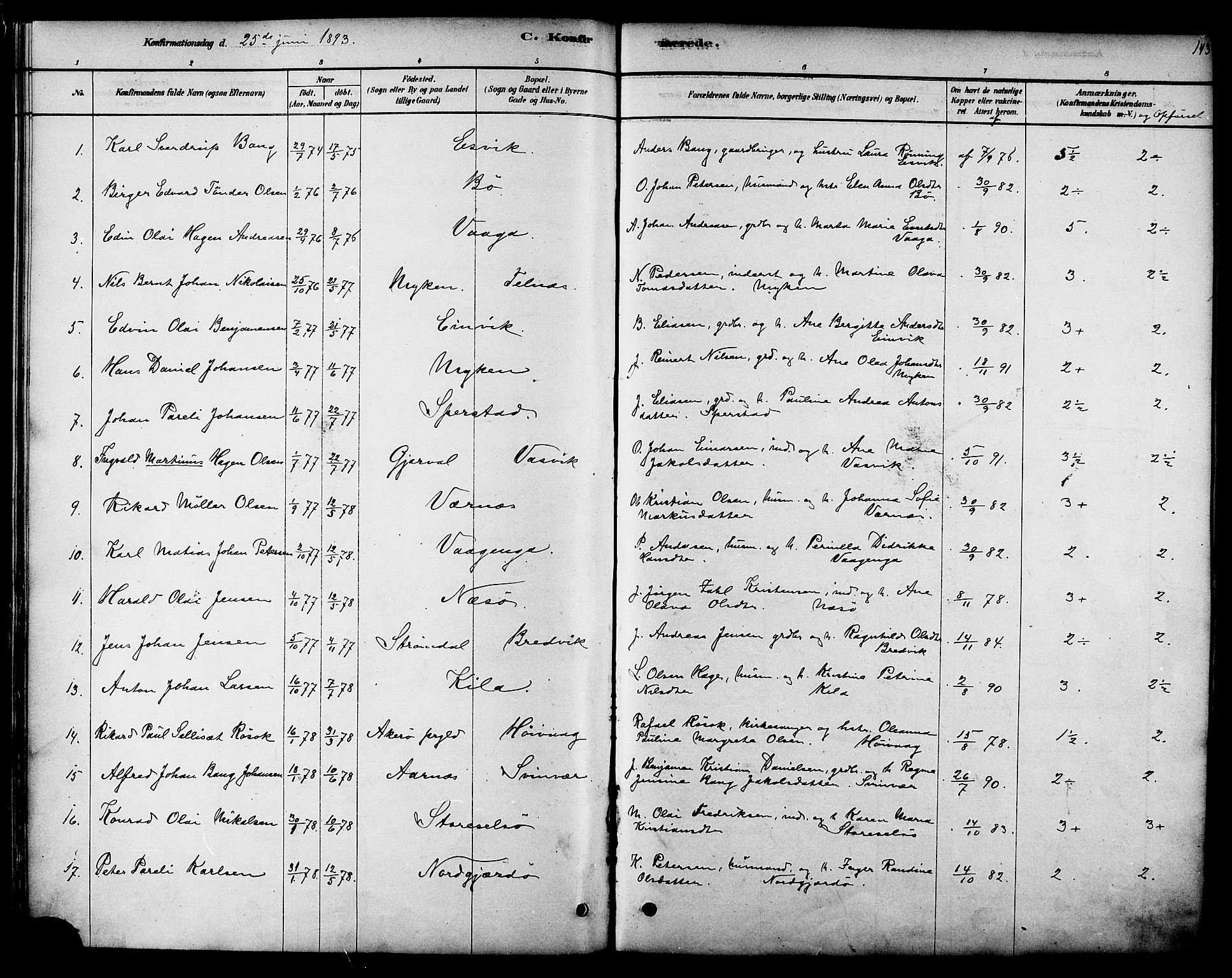 Ministerialprotokoller, klokkerbøker og fødselsregistre - Nordland, SAT/A-1459/841/L0609: Parish register (official) no. 841A12, 1878-1901, p. 143