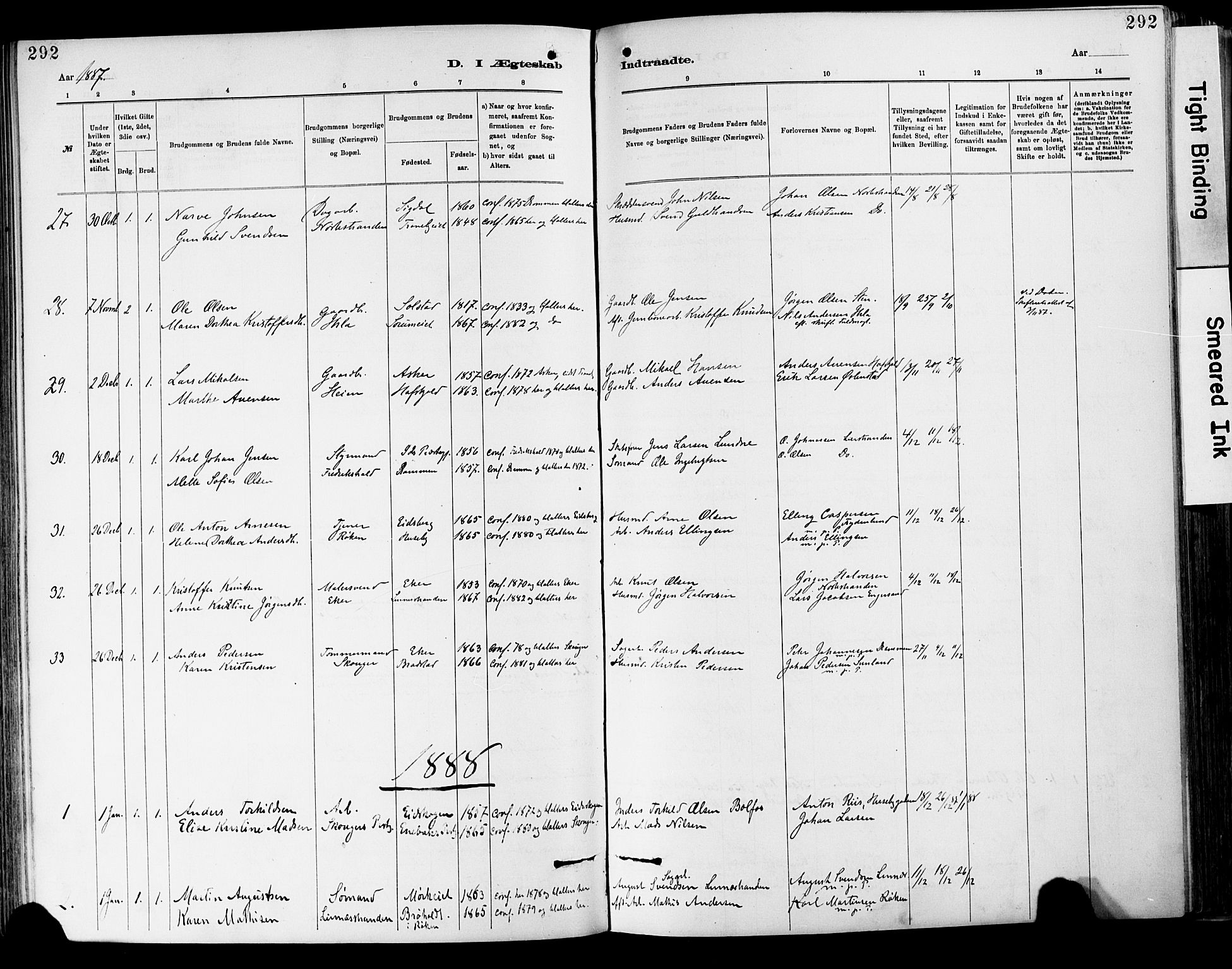Lier kirkebøker, SAKO/A-230/F/Fa/L0015: Parish register (official) no. I 15, 1883-1894, p. 292