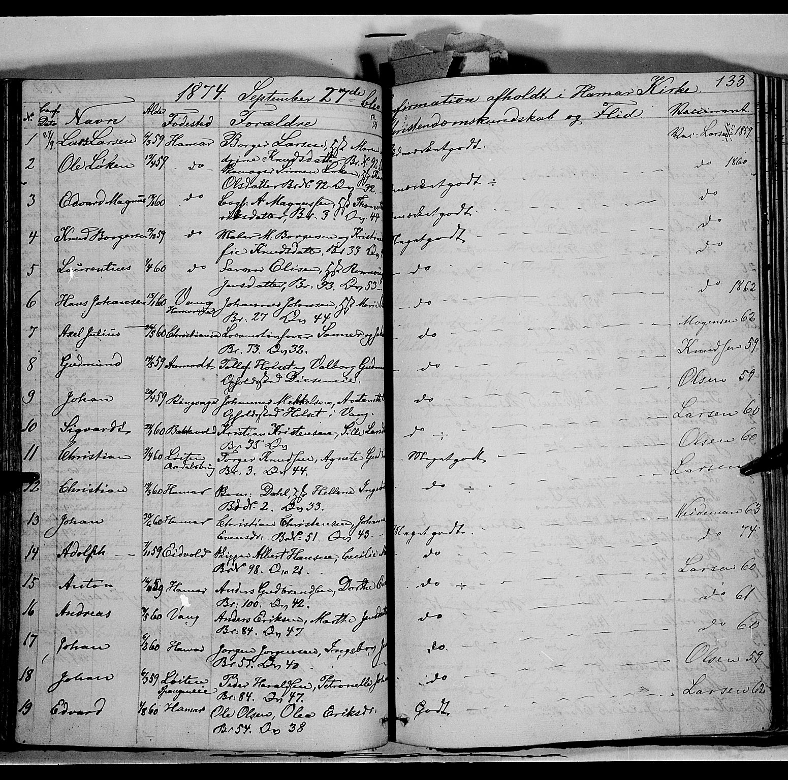 Vang prestekontor, Hedmark, SAH/PREST-008/H/Ha/Haa/L0011: Parish register (official) no. 11, 1852-1877, p. 133