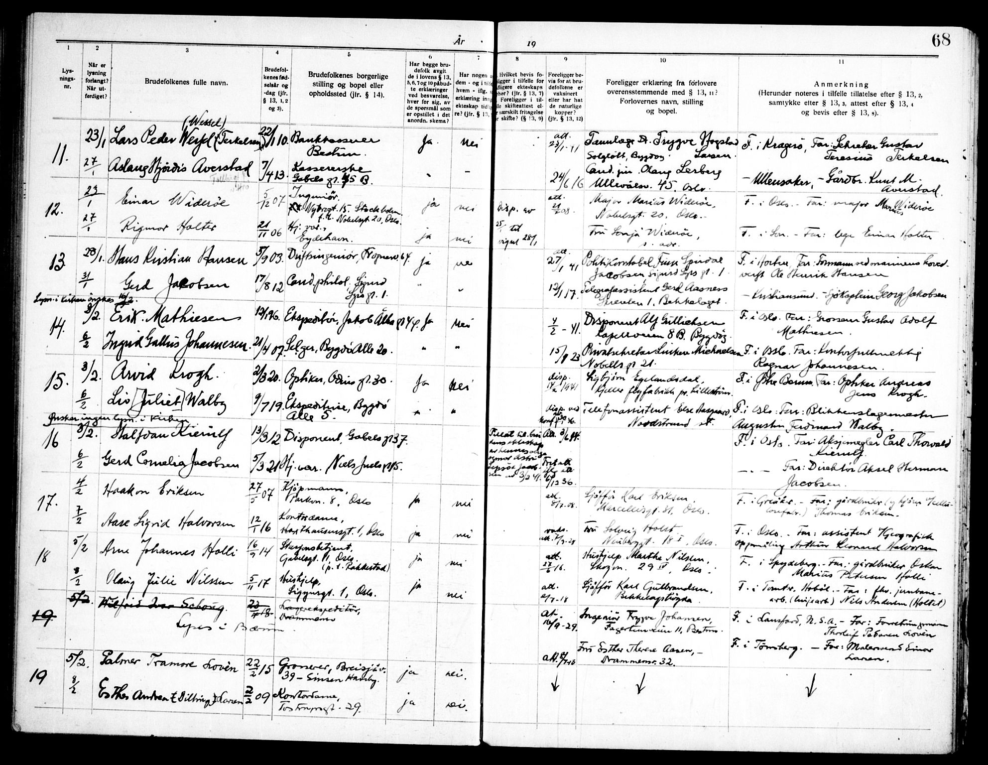 Frogner prestekontor Kirkebøker, SAO/A-10886/H/Ha/L0009: Banns register no. 9, 1938-1945, p. 68