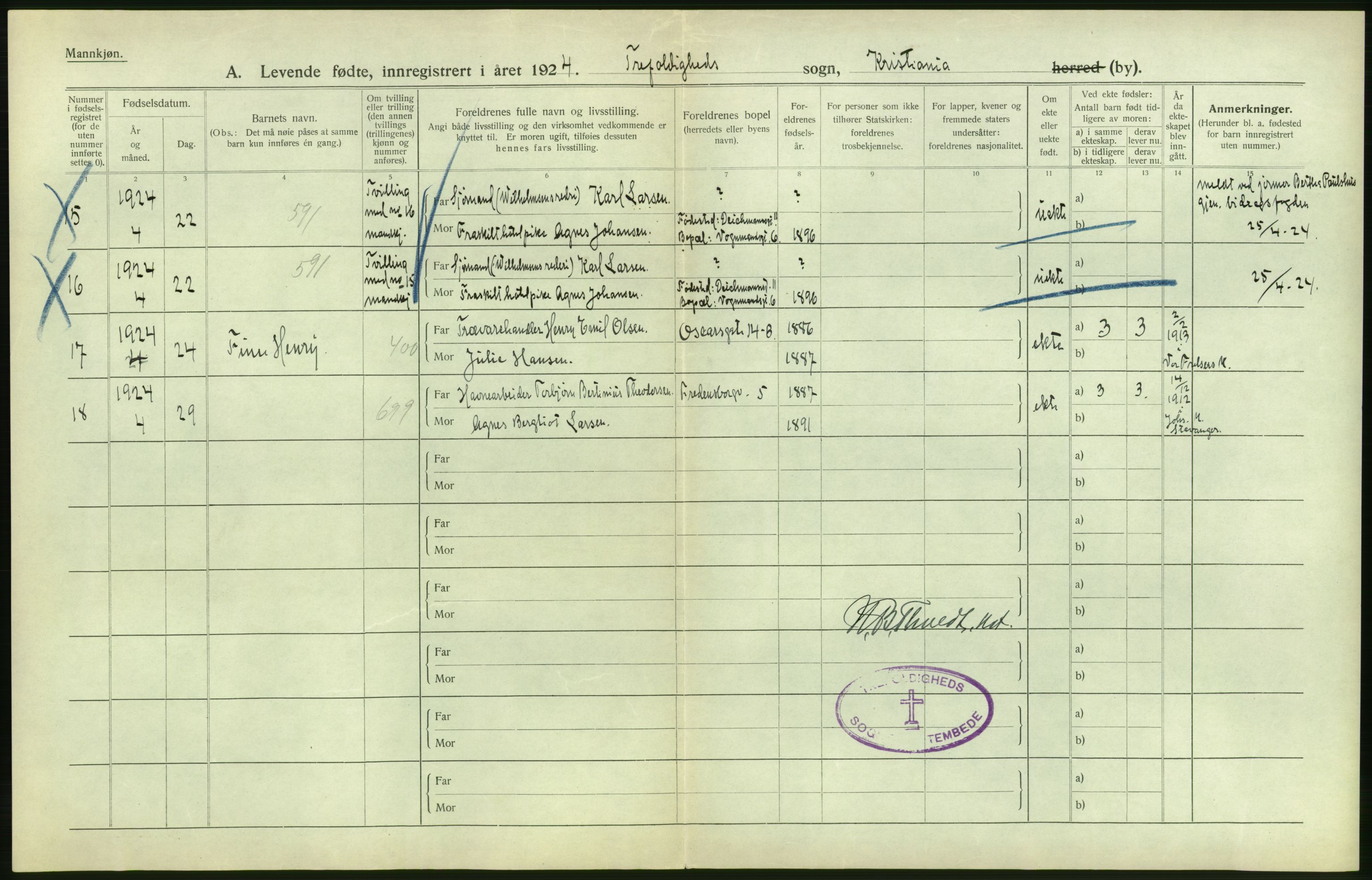 Statistisk sentralbyrå, Sosiodemografiske emner, Befolkning, AV/RA-S-2228/D/Df/Dfc/Dfcd/L0005: Kristiania: Levendefødte menn., 1924, p. 48