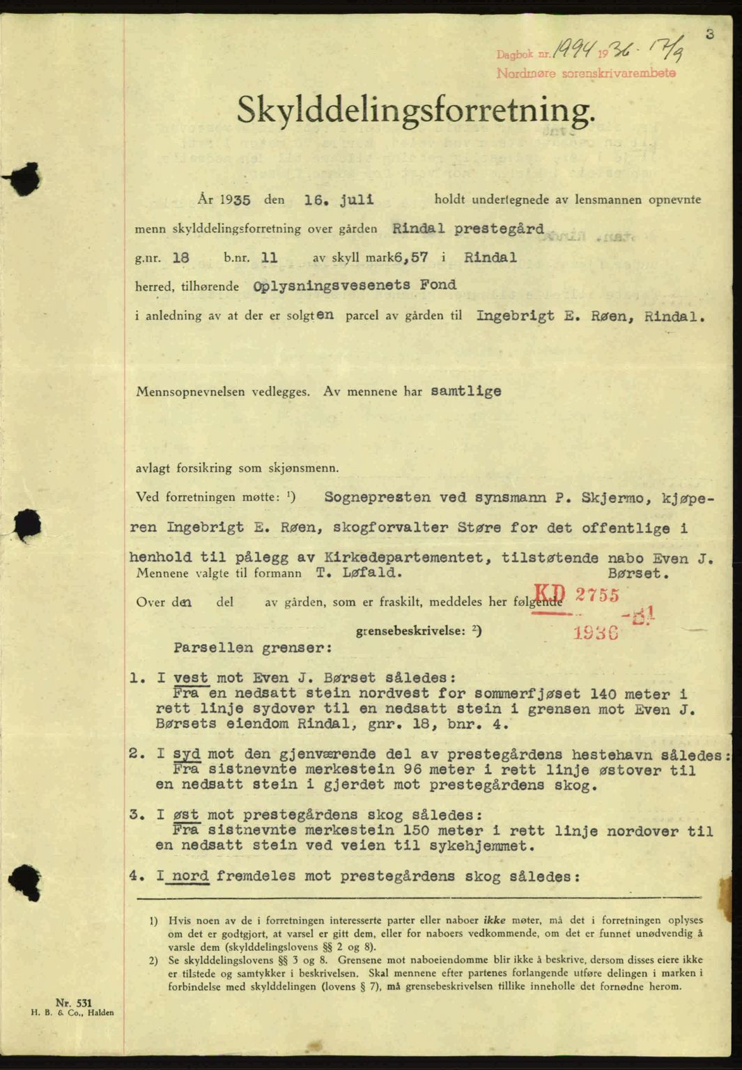 Nordmøre sorenskriveri, AV/SAT-A-4132/1/2/2Ca: Mortgage book no. A80, 1936-1937, Diary no: : 1994/1936