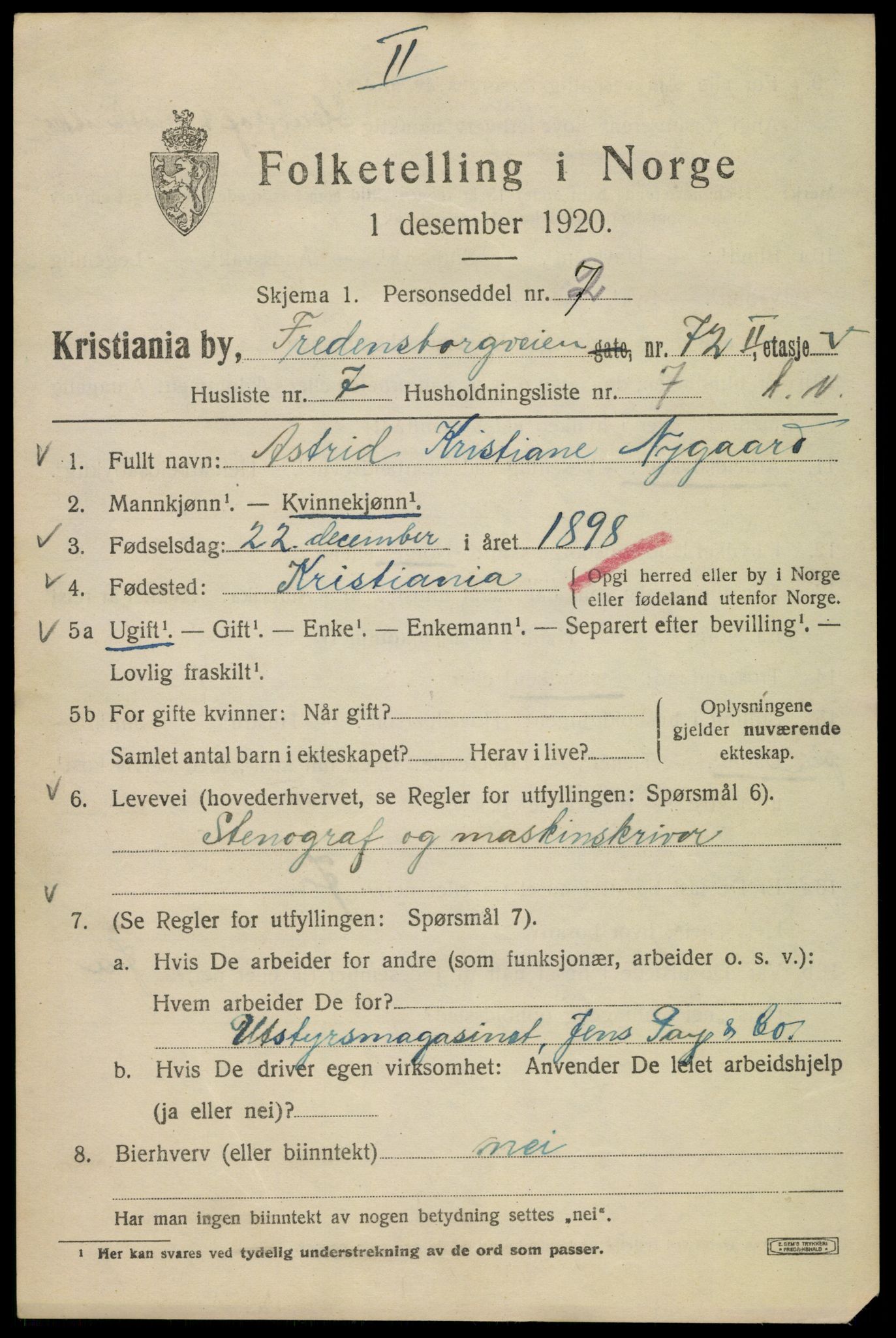 SAO, 1920 census for Kristiania, 1920, p. 237199