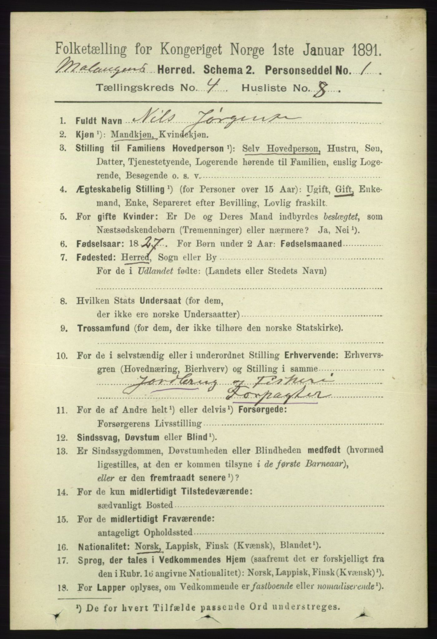 RA, 1891 census for 1932 Malangen, 1891, p. 1141