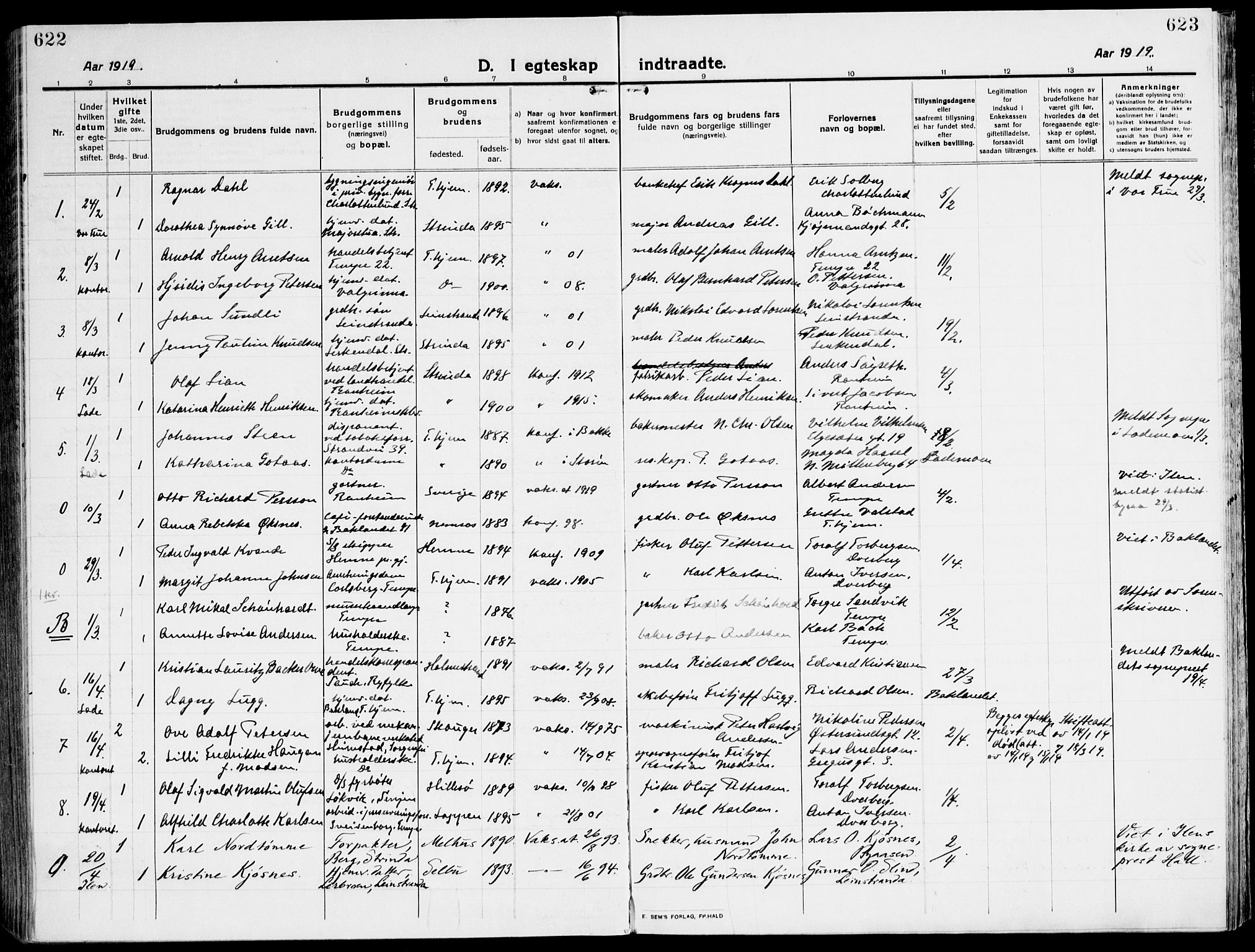 Ministerialprotokoller, klokkerbøker og fødselsregistre - Sør-Trøndelag, SAT/A-1456/607/L0321: Parish register (official) no. 607A05, 1916-1935, p. 622-623