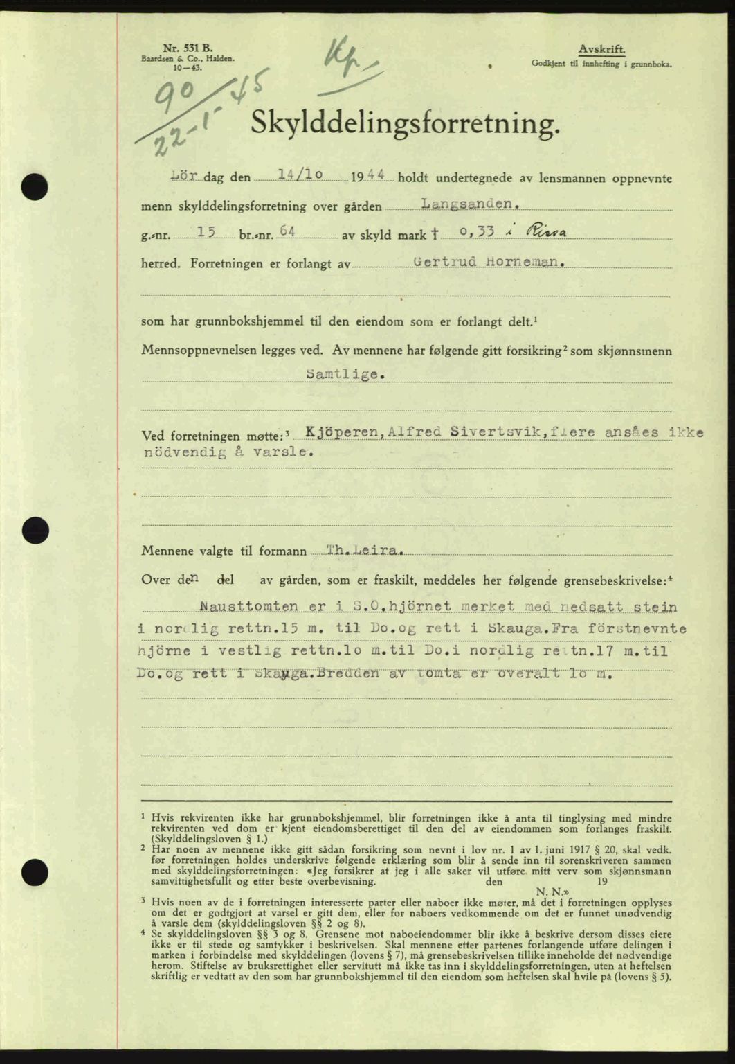 Fosen sorenskriveri, AV/SAT-A-1107/1/2/2C: Mortgage book no. A3, 1943-1945, Diary no: : 90/1945