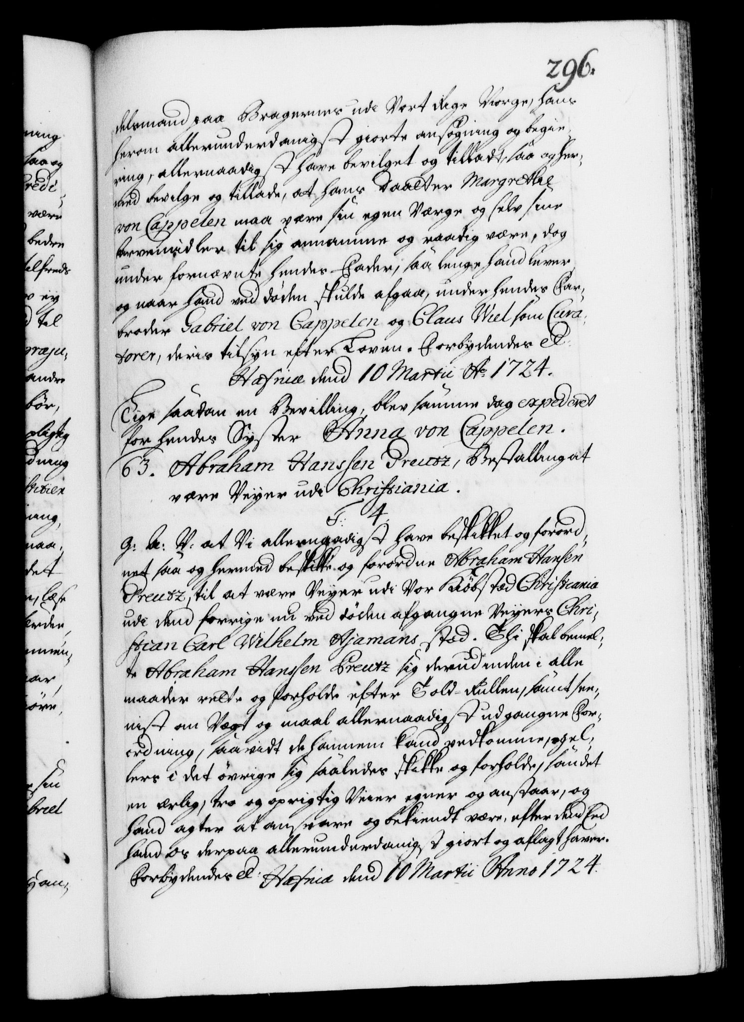 Danske Kanselli 1572-1799, AV/RA-EA-3023/F/Fc/Fca/Fcaa/L0024: Norske registre, 1723-1725, p. 296a