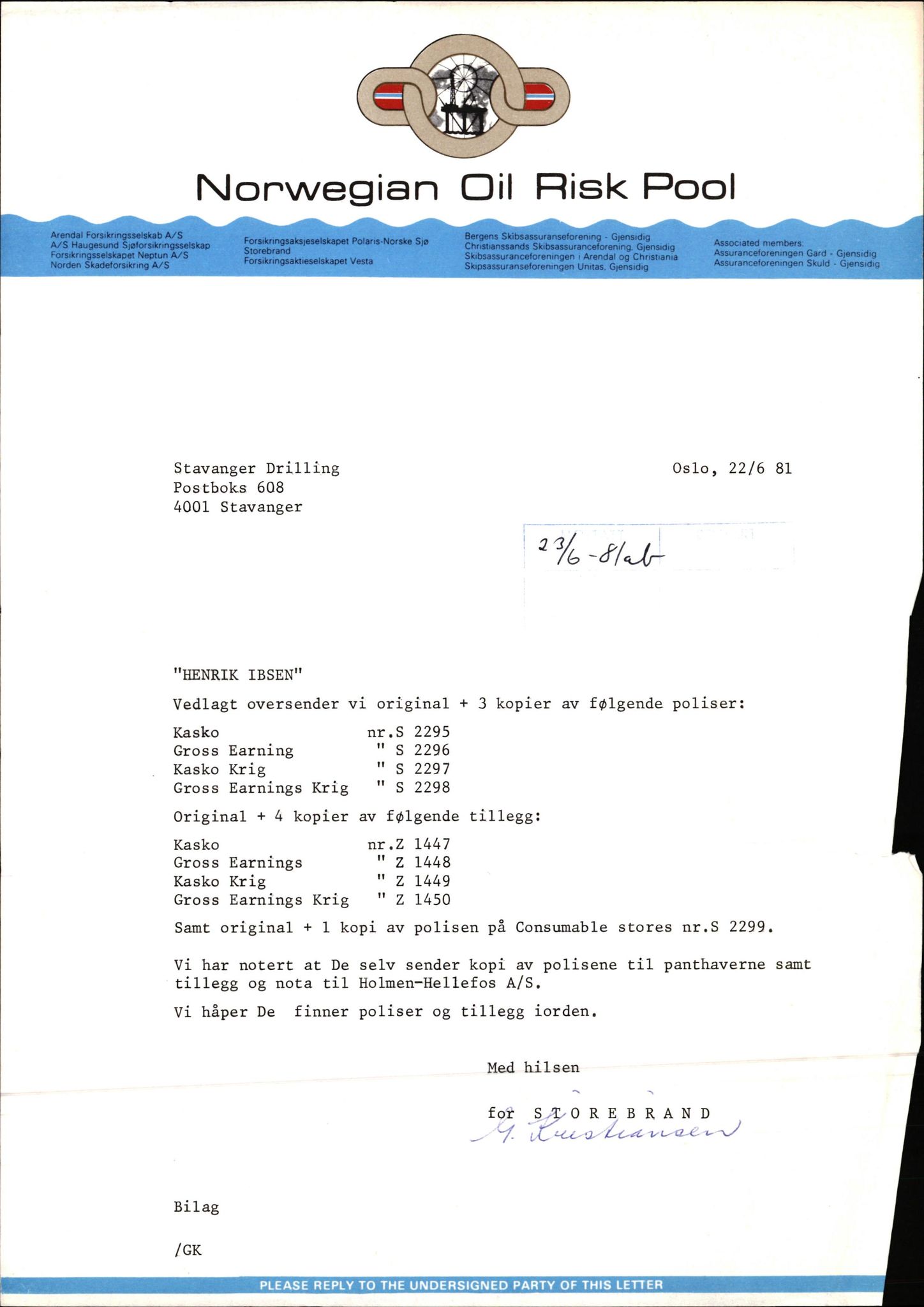 Pa 1503 - Stavanger Drilling AS, AV/SAST-A-101906/2/E/Ec/Eca/L0009: Forsikring, 1975-1980