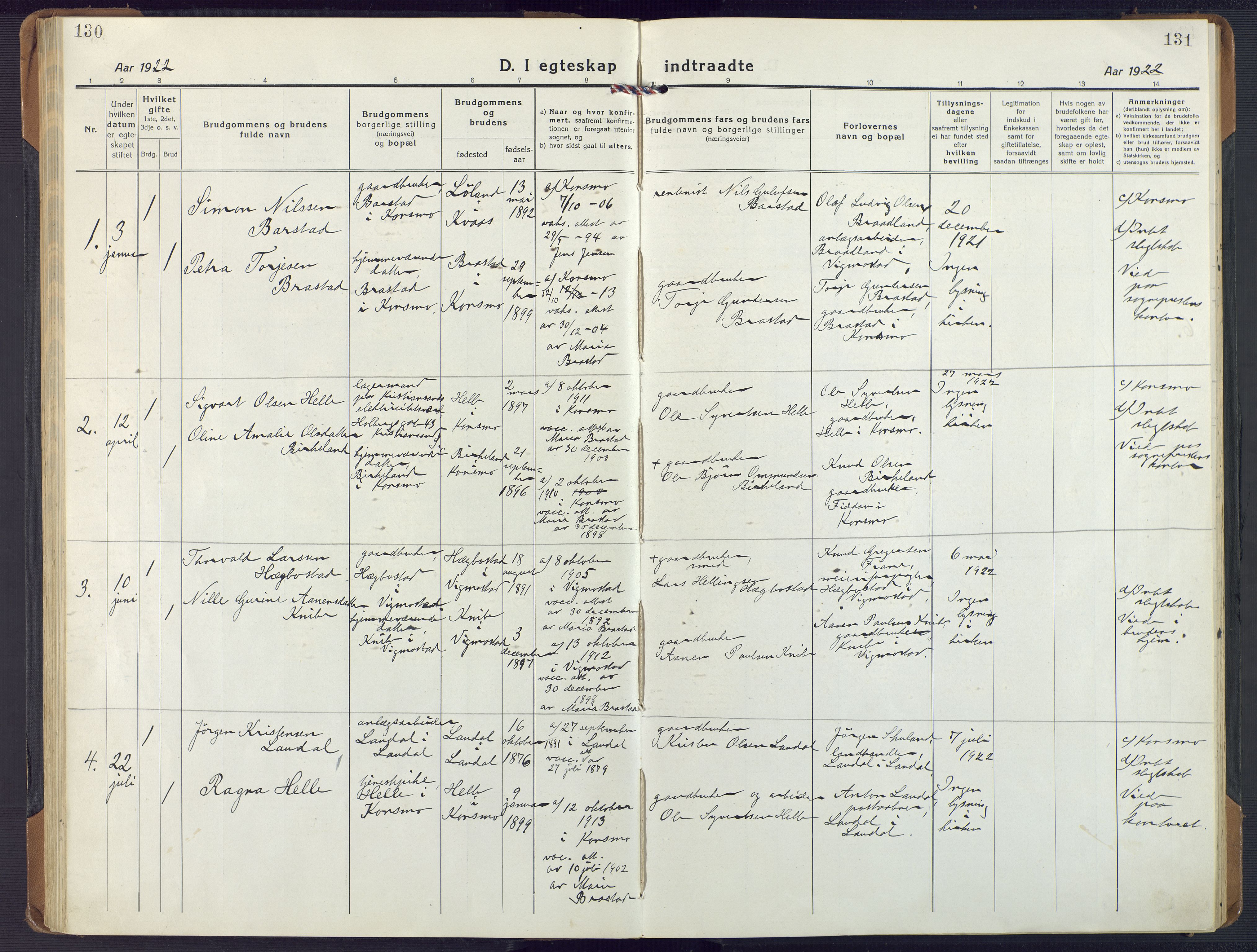 Nord-Audnedal sokneprestkontor, SAK/1111-0032/F/Fa/Fab/L0005: Parish register (official) no. A 5, 1918-1925, p. 130-131