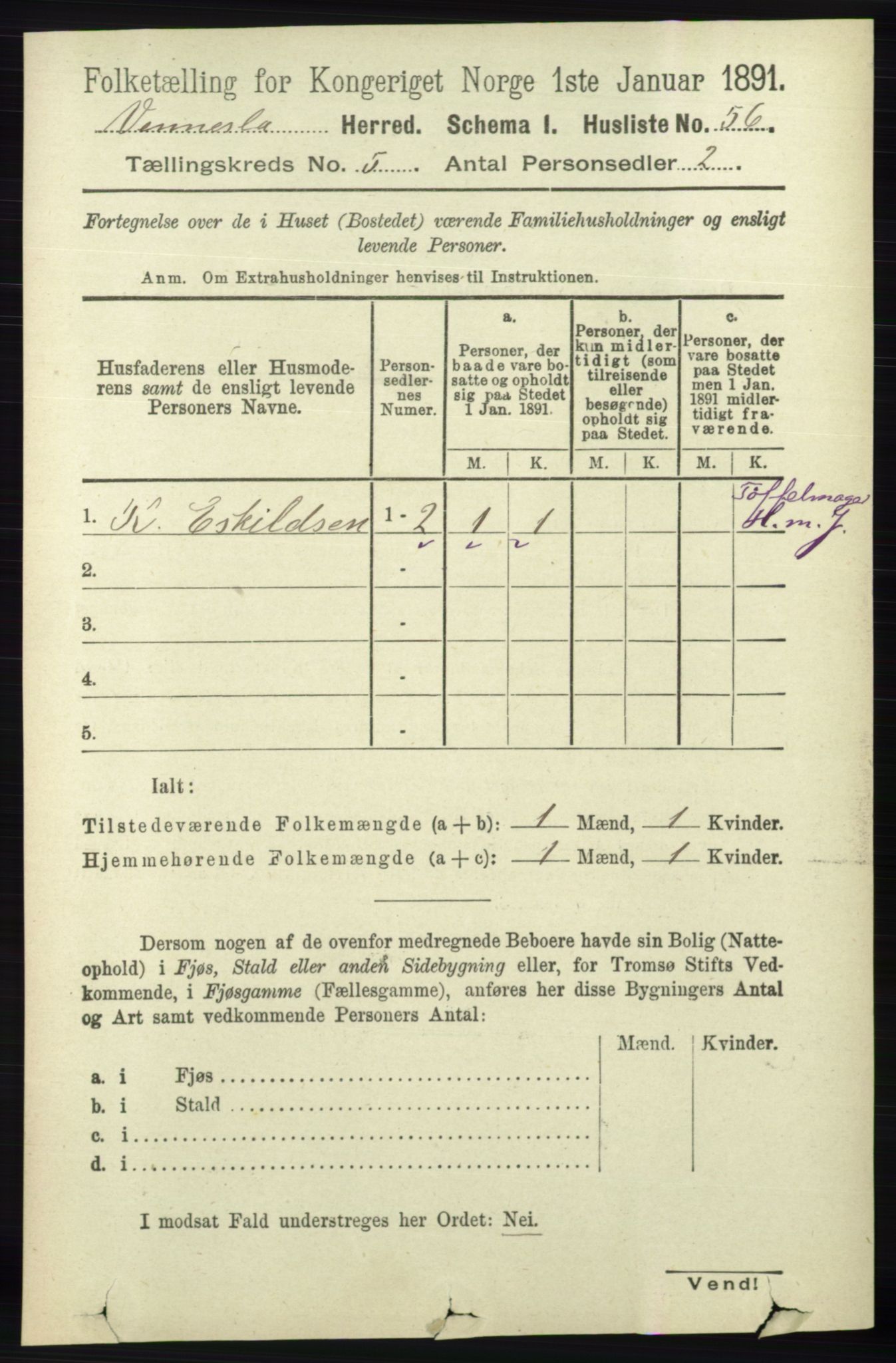 RA, 1891 census for 1014 Vennesla, 1891, p. 1209