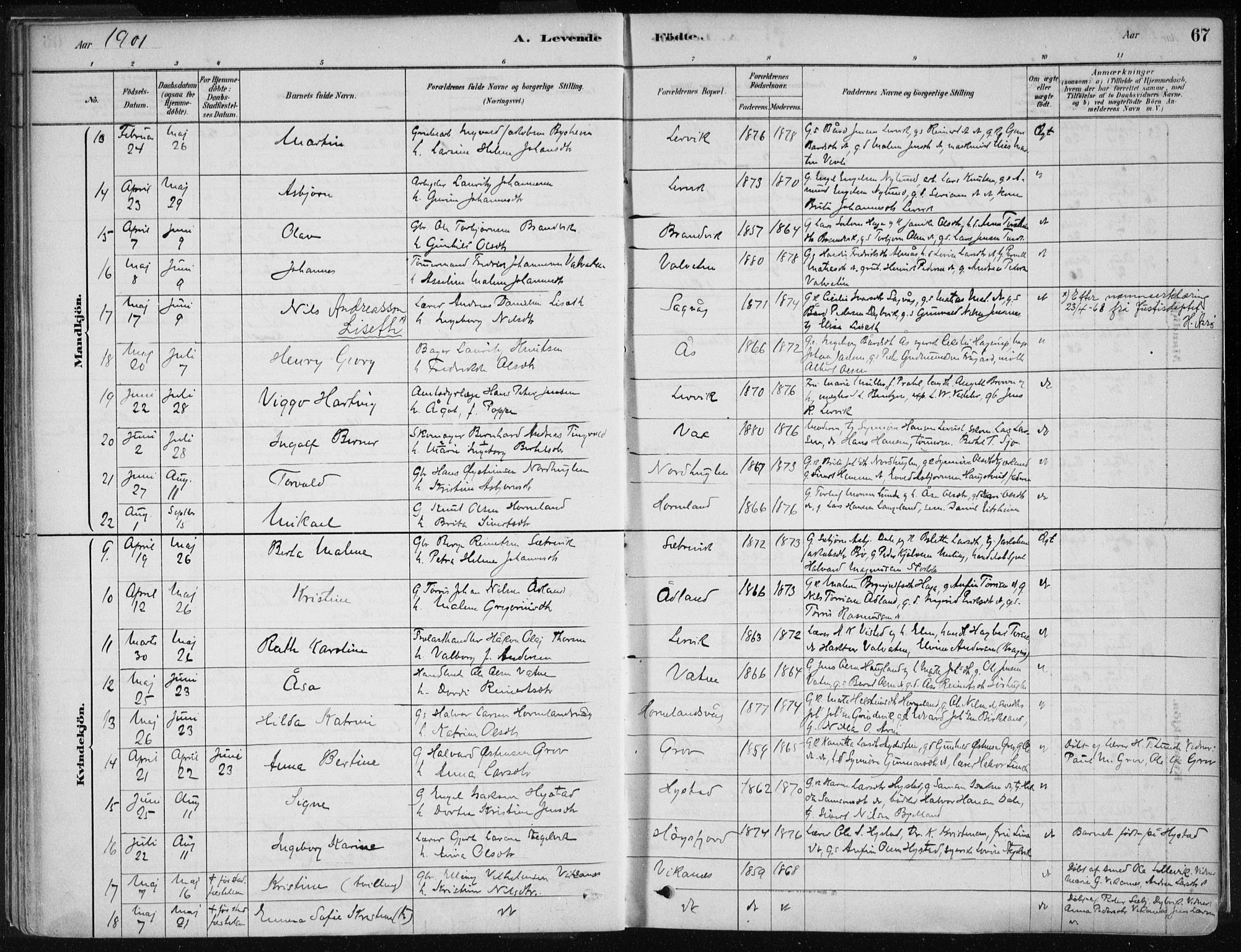 Stord sokneprestembete, AV/SAB-A-78201/H/Haa: Parish register (official) no. B 2, 1878-1913, p. 67