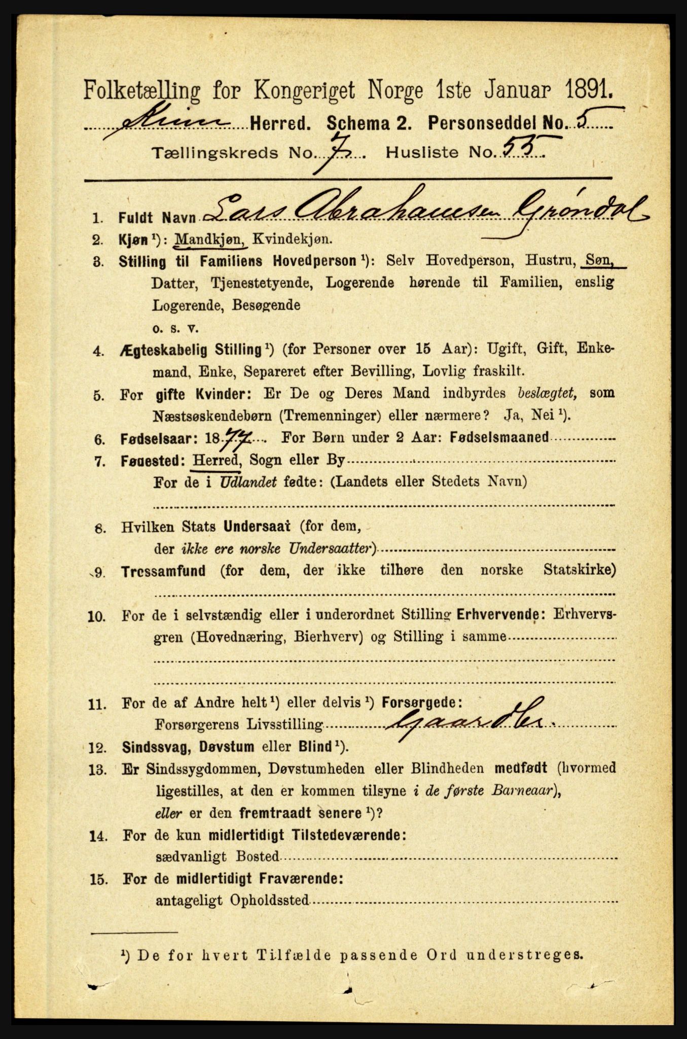 RA, 1891 census for 1437 Kinn, 1891, p. 3053