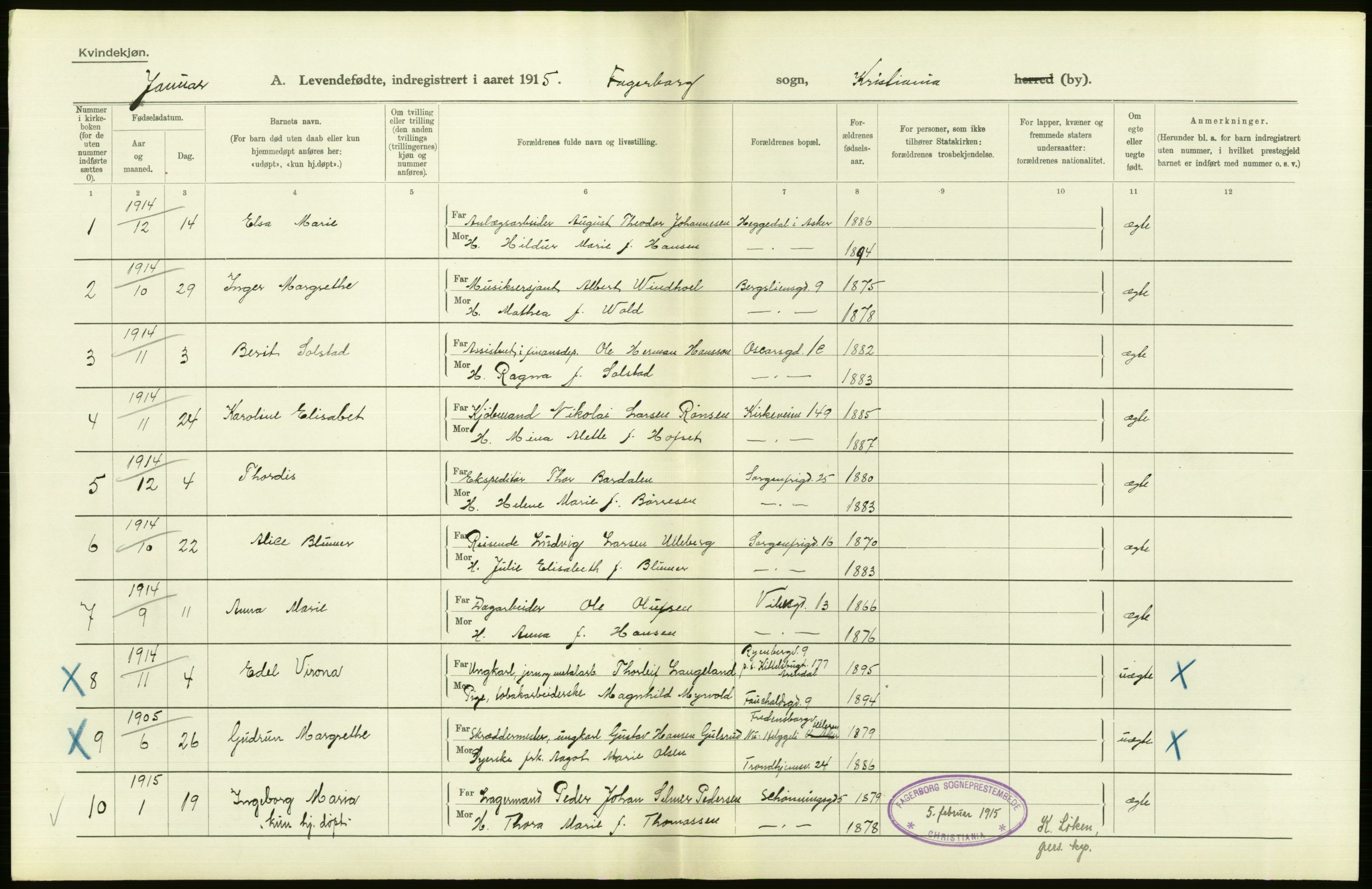 Statistisk sentralbyrå, Sosiodemografiske emner, Befolkning, RA/S-2228/D/Df/Dfb/Dfbe/L0006: Kristiania: Levendefødte menn og kvinner., 1915, p. 574