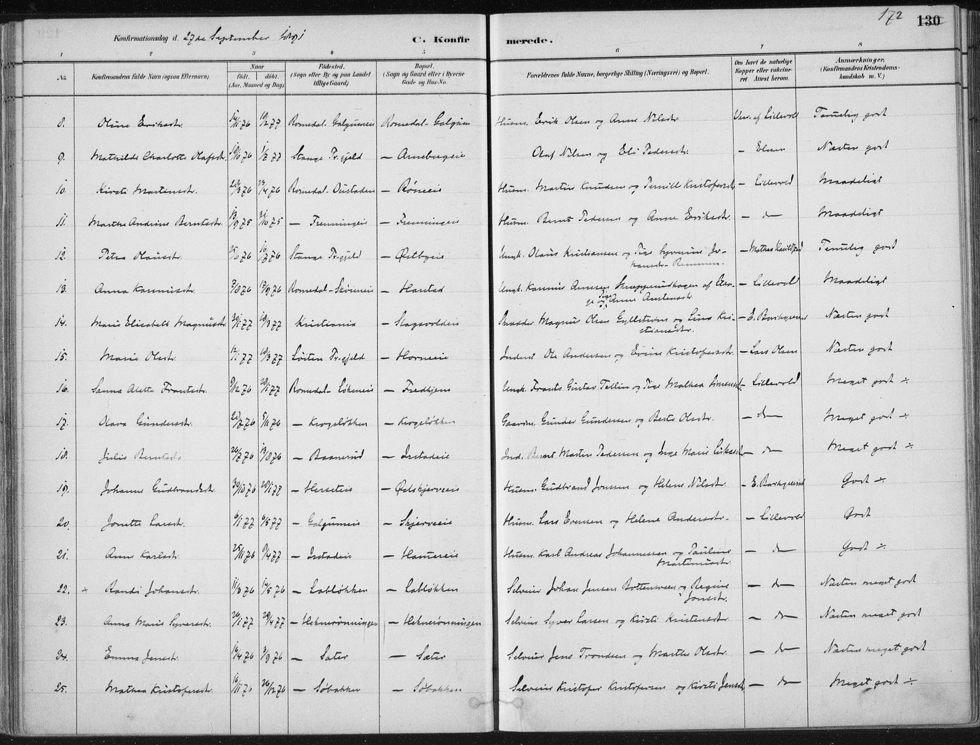 Romedal prestekontor, AV/SAH-PREST-004/K/L0010: Parish register (official) no. 10, 1880-1895, p. 172